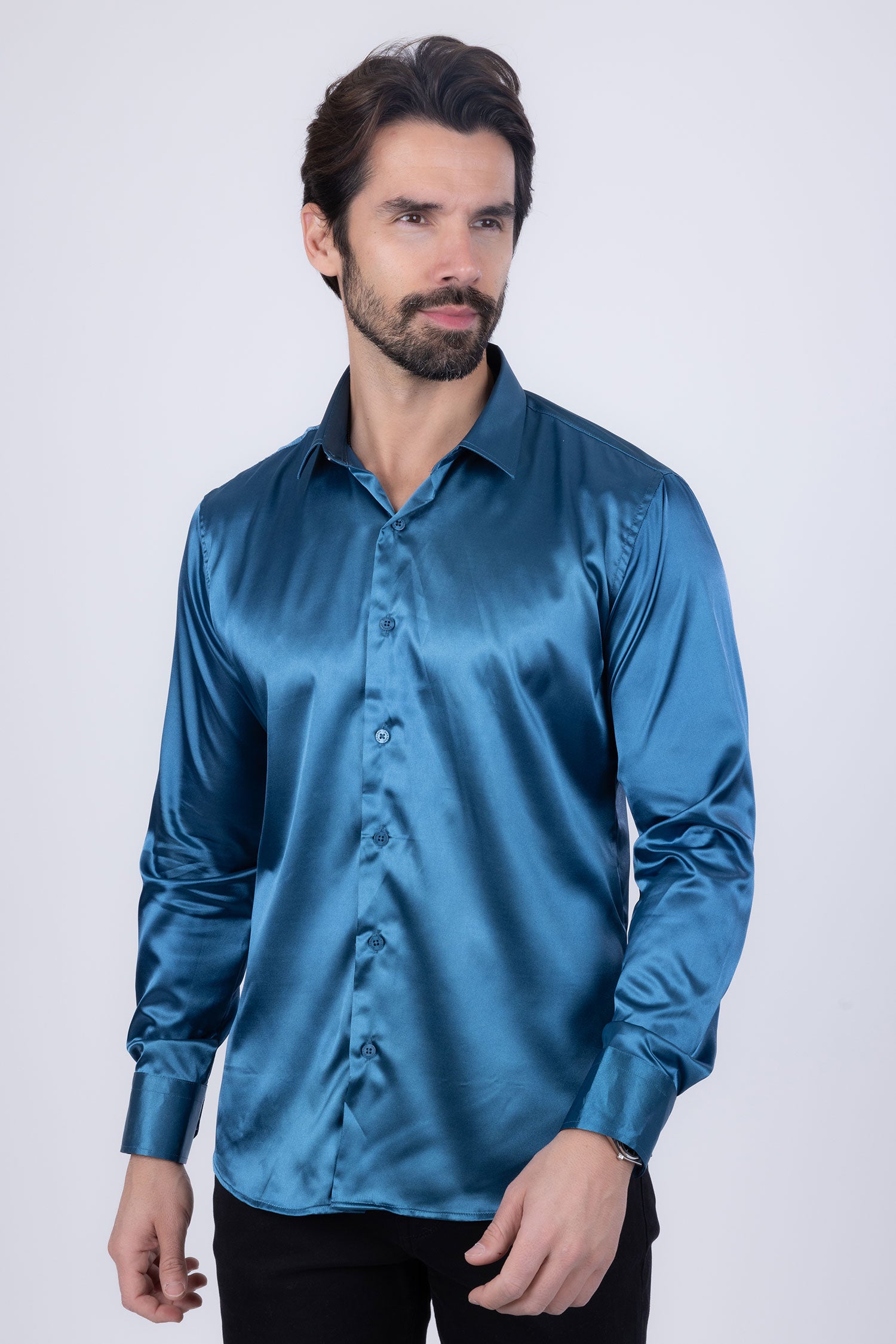 BARABAS Mens Luxury Metallic Long Sleeve Button Down Shiny shirts B312 Teal