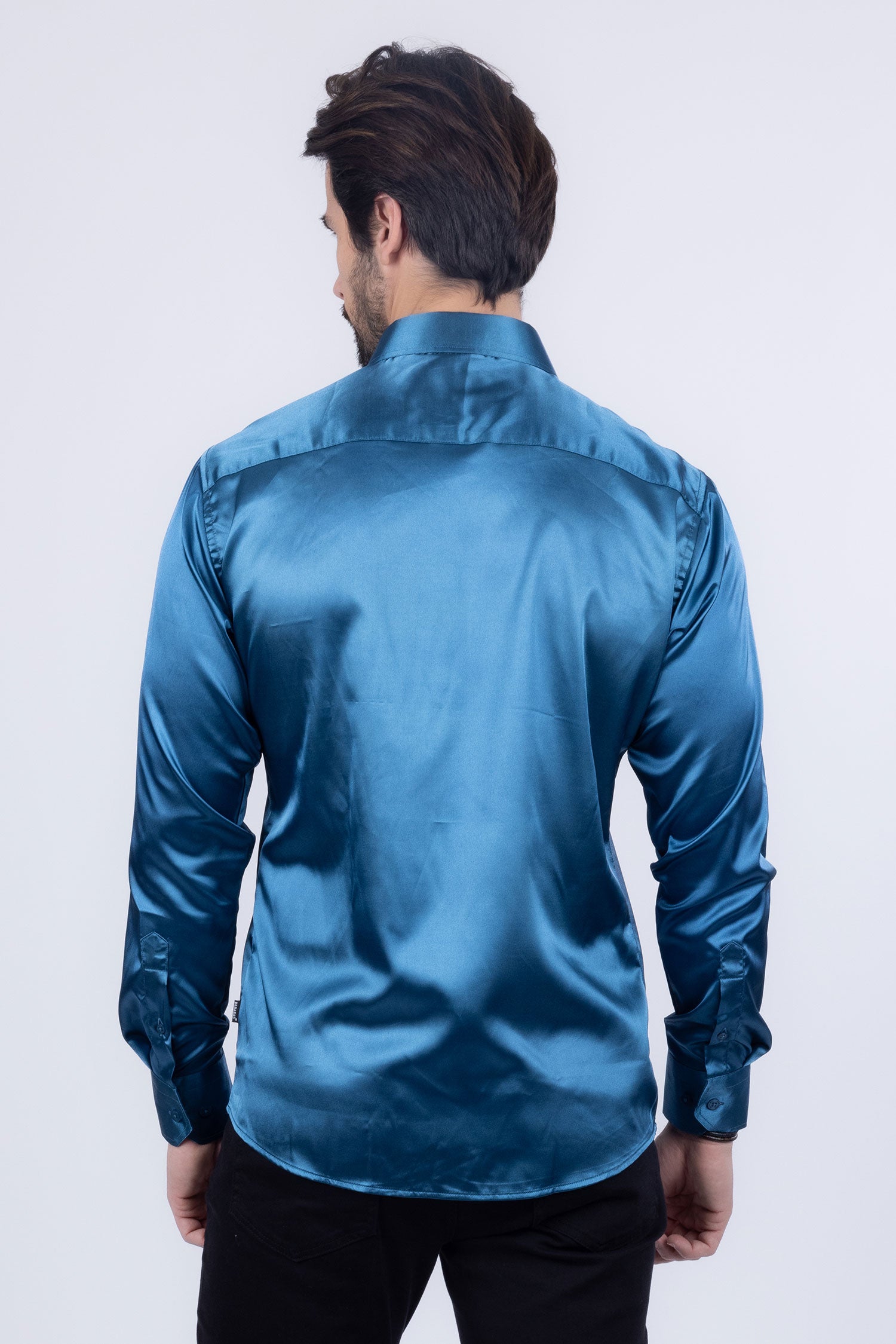 BARABAS Mens Luxury Metallic Long Sleeve Button Down Shiny shirts B312 Teal