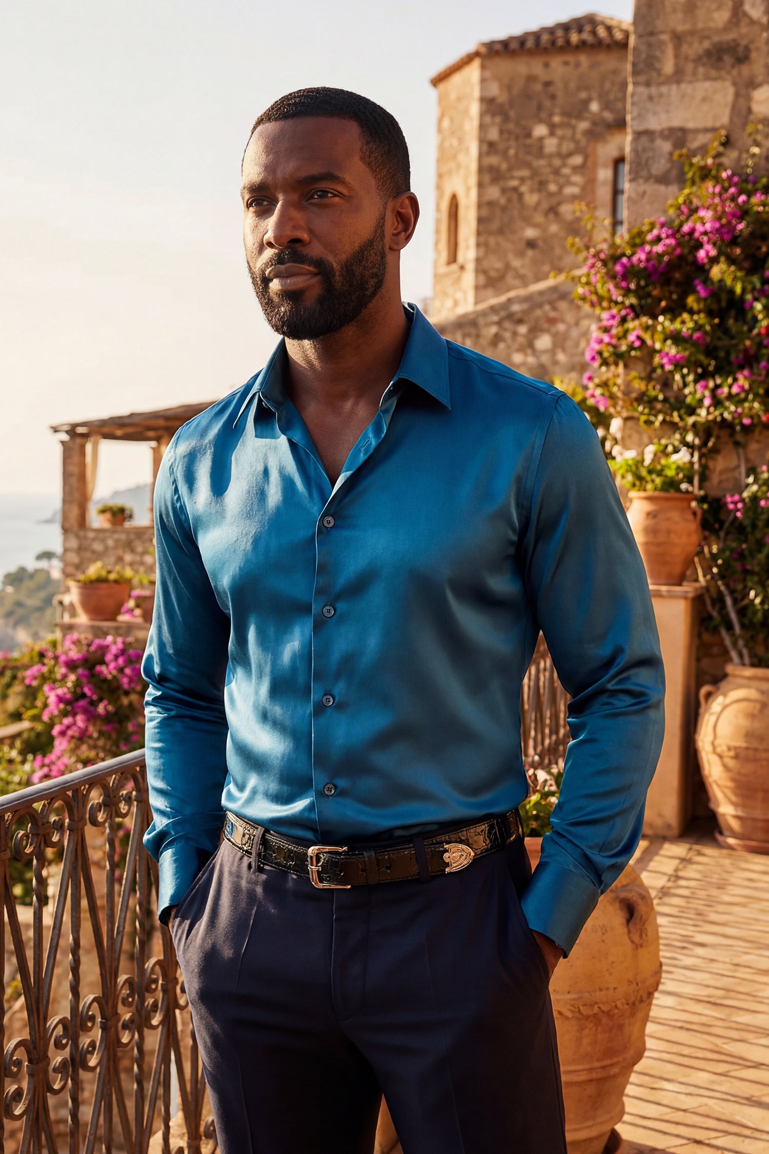 BARABAS Mens Luxury Shiny Long Sleeve Button Down Metallic Shirts B312 Teal