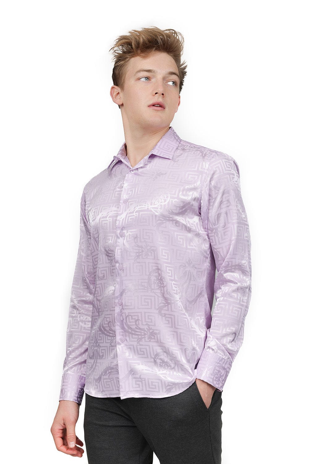 BARABAS Men's Greek Key Baroque Long Sleeve Button Down Shirt B313 #Color_Lavender