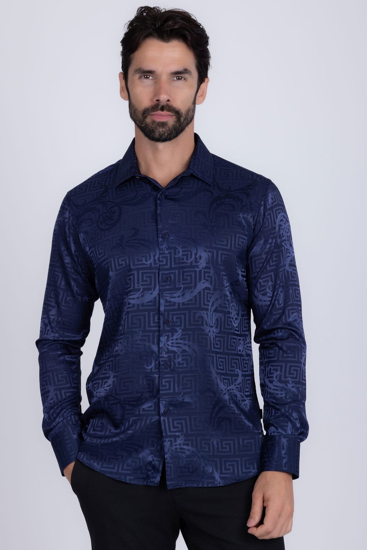 BARABAS Men's Greek Key Baroque Long Sleeve Button Down Shirt B313 #Color_Navy