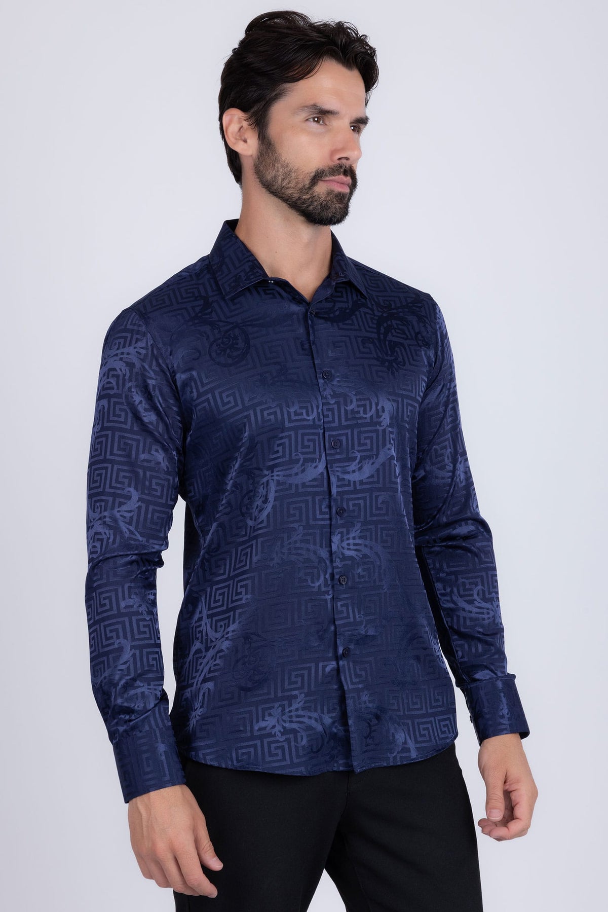 BARABAS Men's Greek Key Baroque Long Sleeve Button Down Shirt B313 #Color_Navy