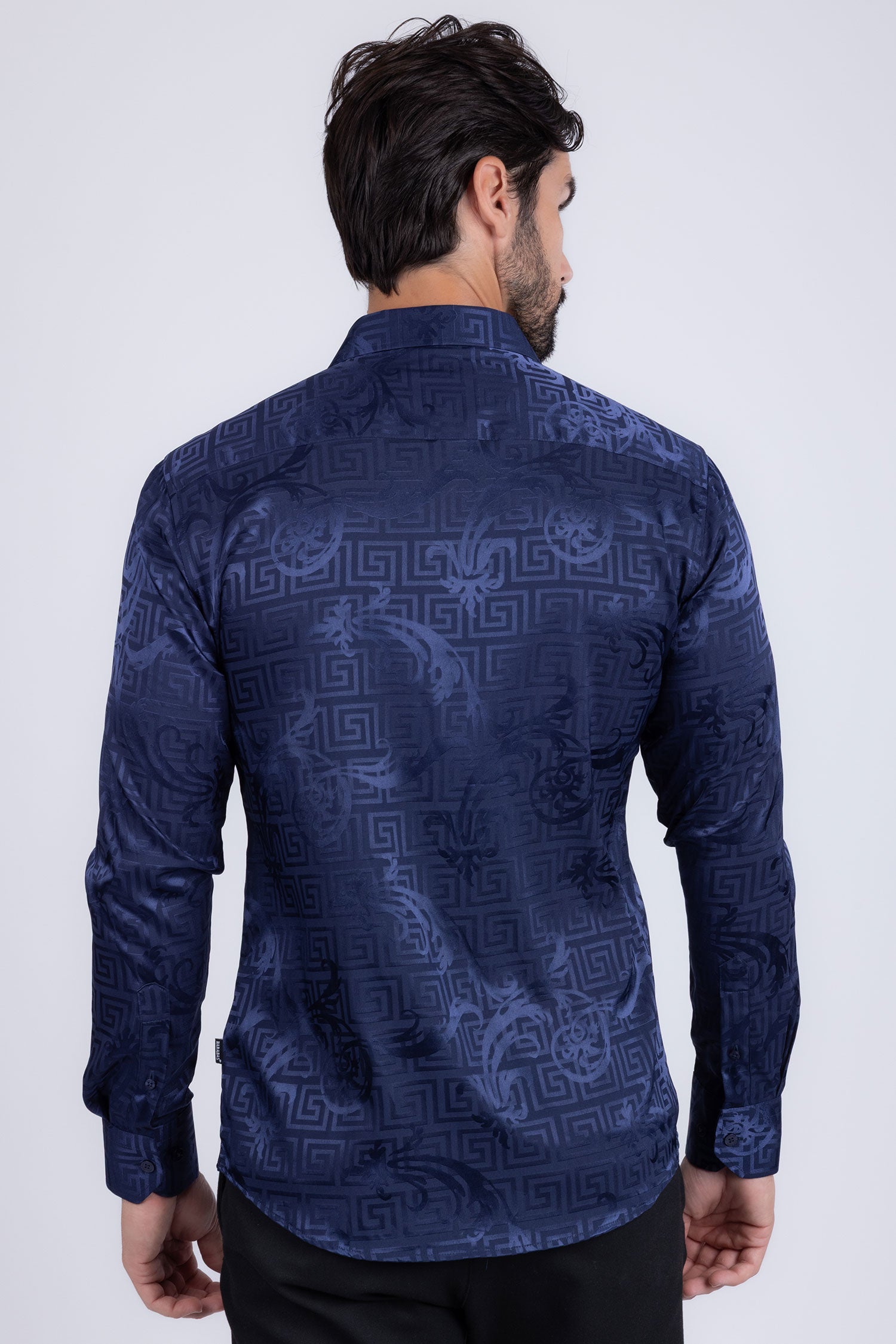 BARABAS Men's Greek Key Baroque Long Sleeve Button Down Shirt B313 Navy
