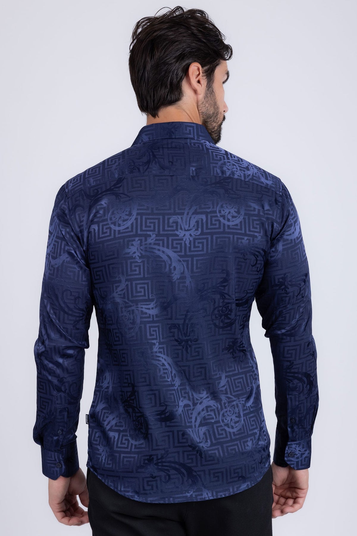 BARABAS Men's Greek Key Baroque Long Sleeve Button Down Shirt B313 #Color_Navy