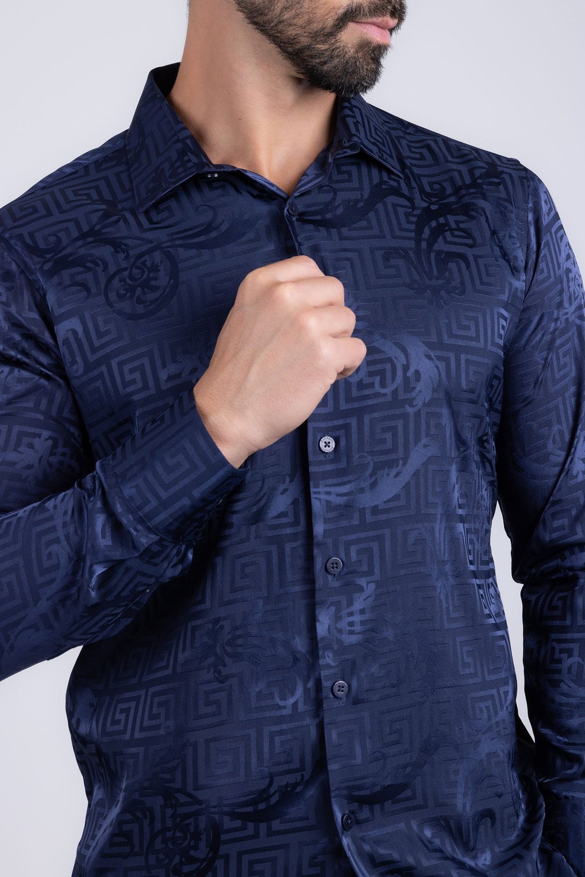 BARABAS Men's Greek Key Baroque Long Sleeve Button Down Shirt B313 #Color_Navy