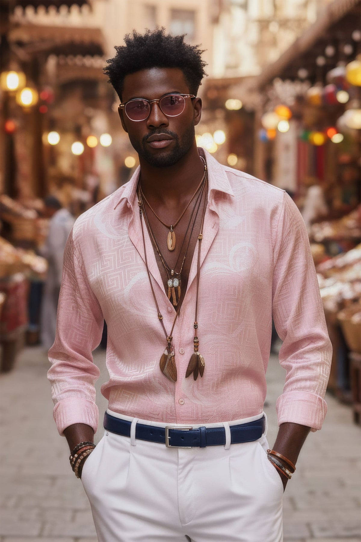 BARABAS Men's Greek Key Baroque Long Sleeve Button Down Shirt B313 #Color_Pink