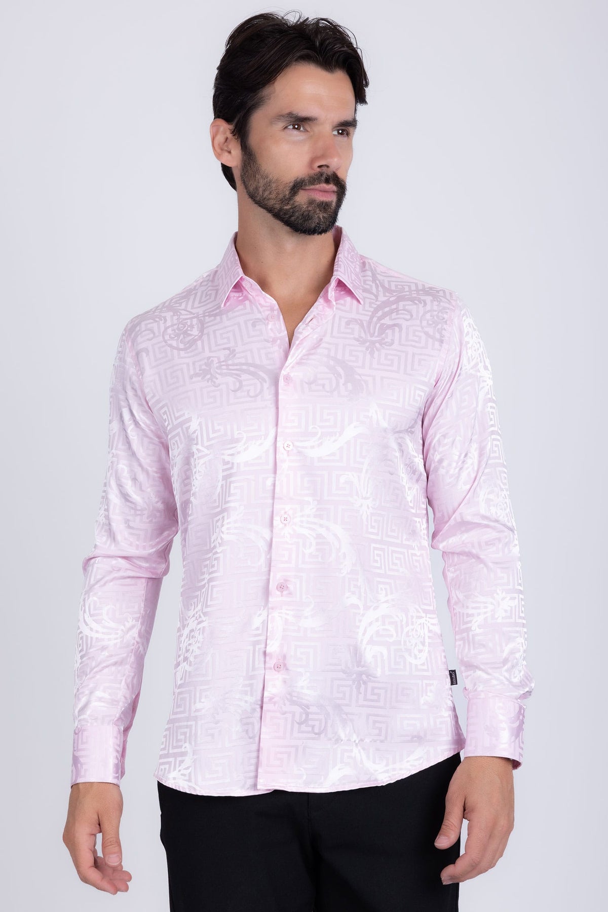 BARABAS Men's Greek Key Baroque Long Sleeve Button Down Shirt B313 #Color_Pink