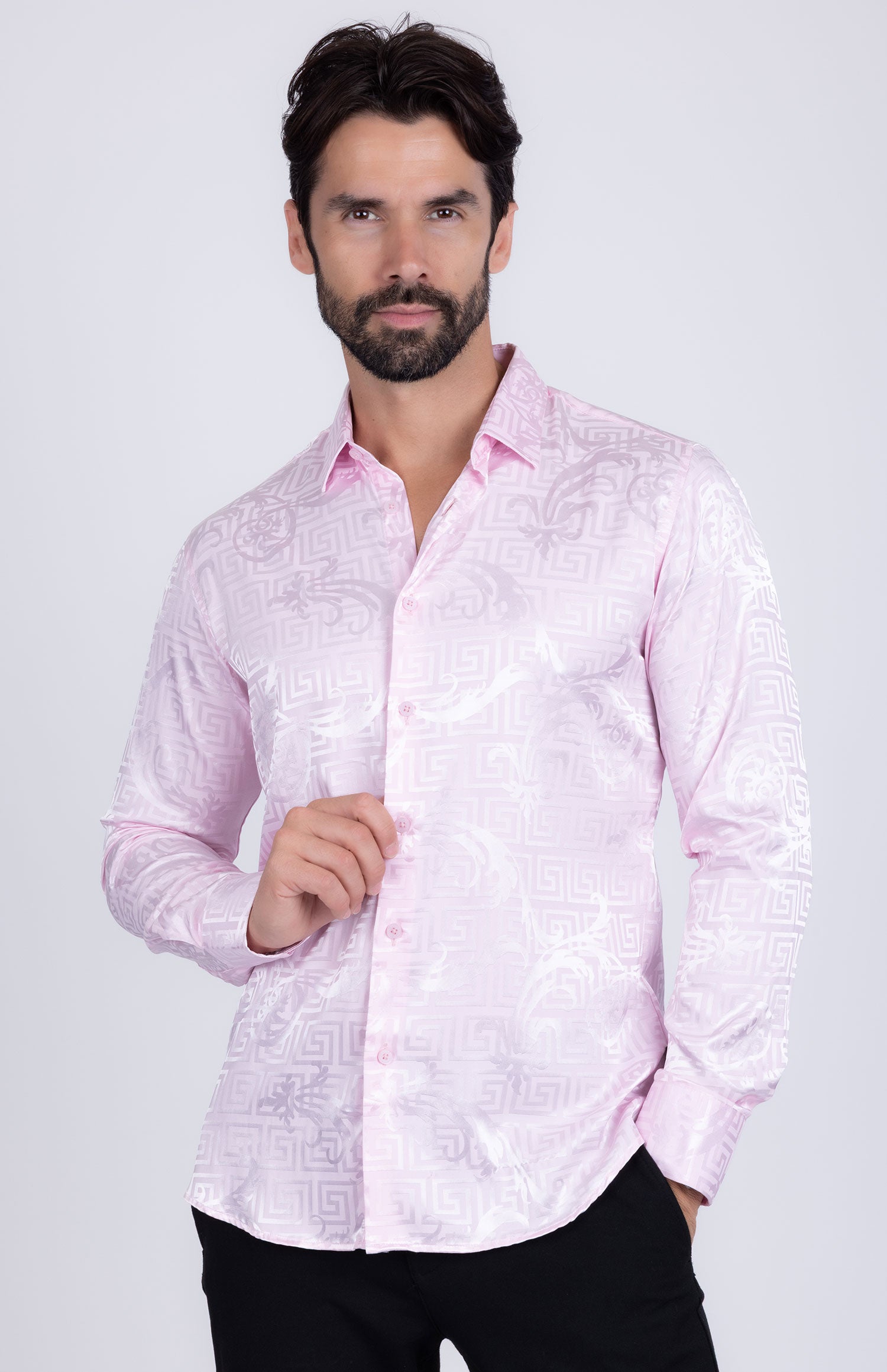 BARABAS Men's Greek Key Baroque Long Sleeve Button Down Shirt B313 Pink