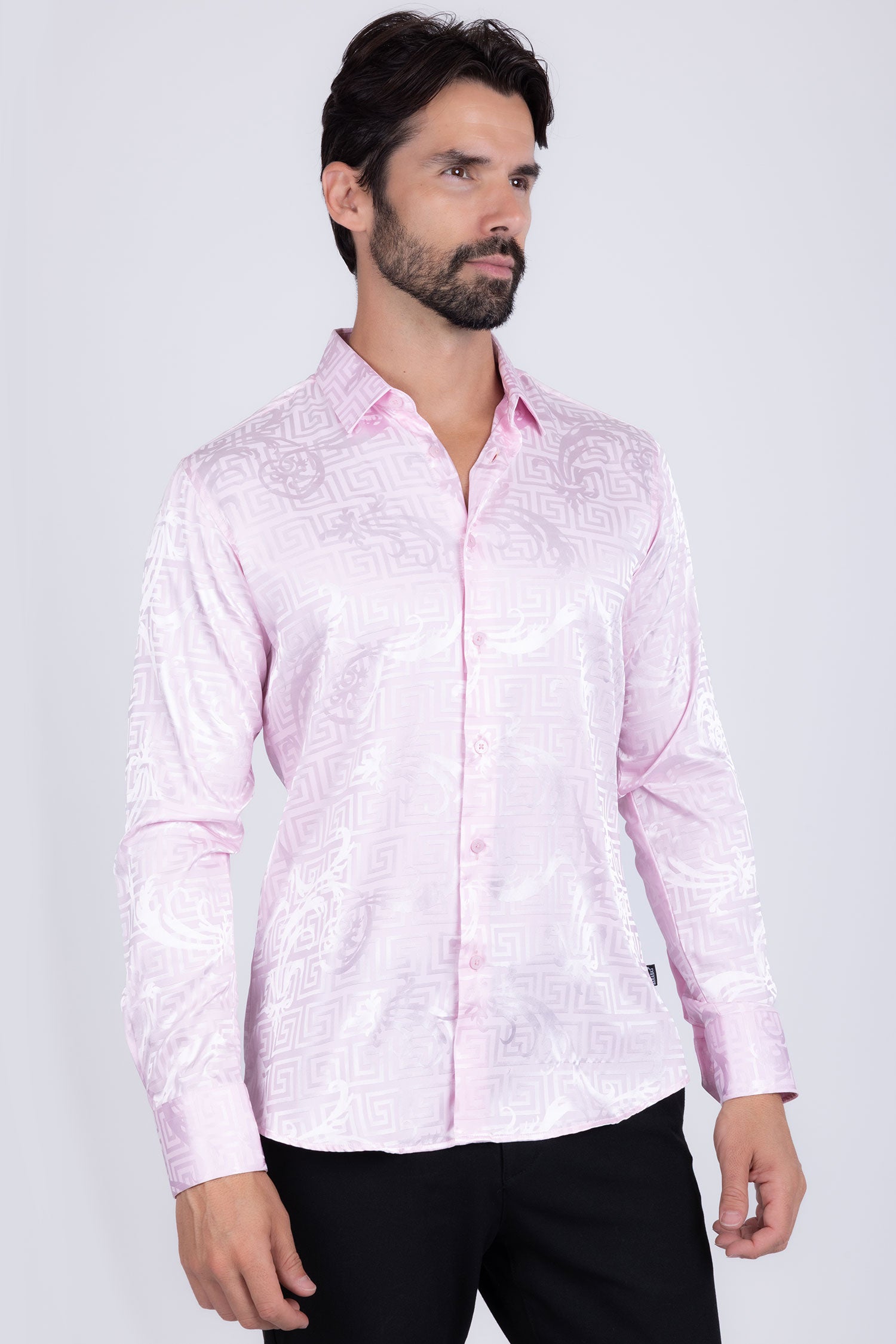BARABAS Men's Greek Key Baroque Long Sleeve Button Down Shirt B313 Pink