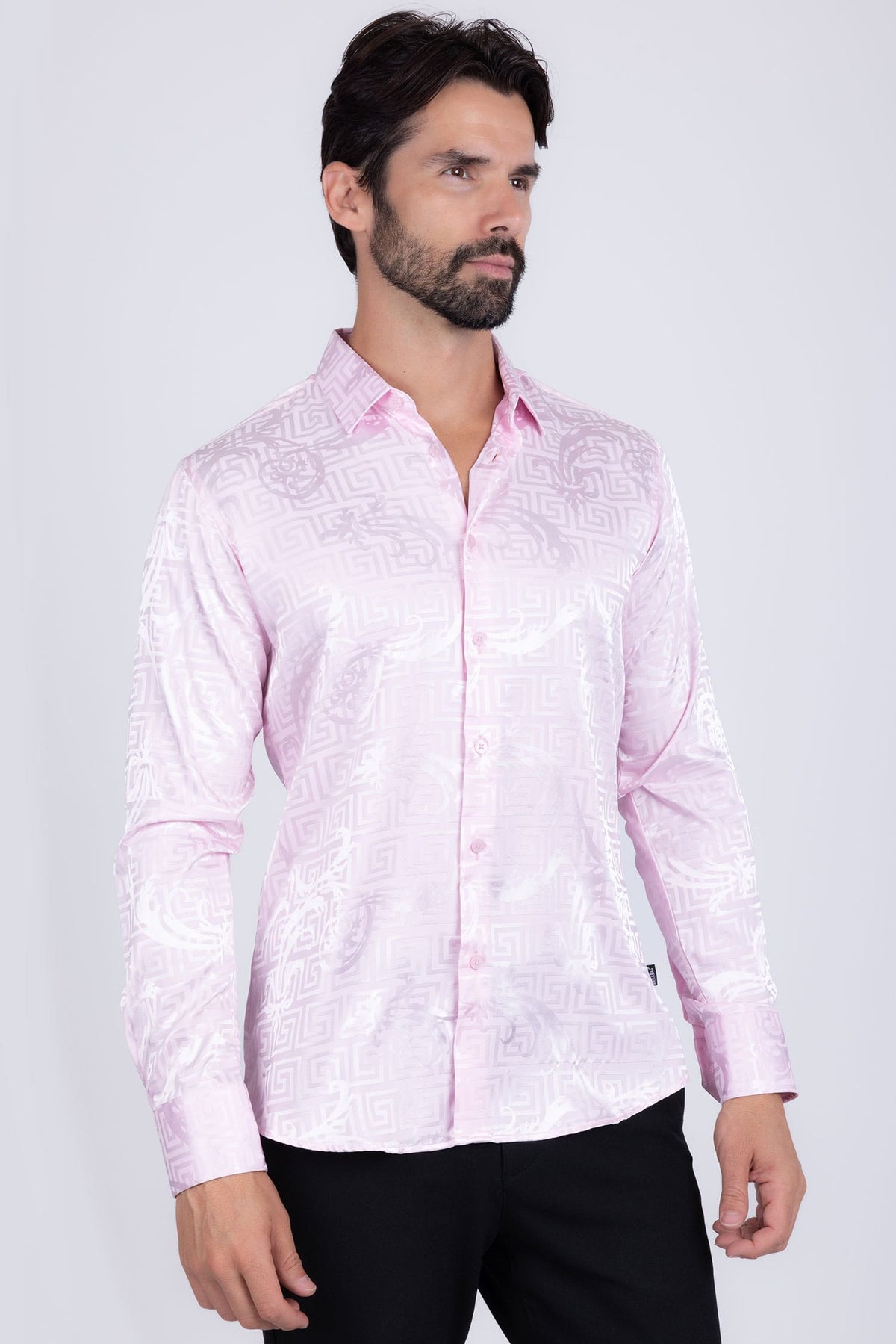 BARABAS Men's Greek Key Baroque Long Sleeve Button Down Shirt B313 #Color_Pink