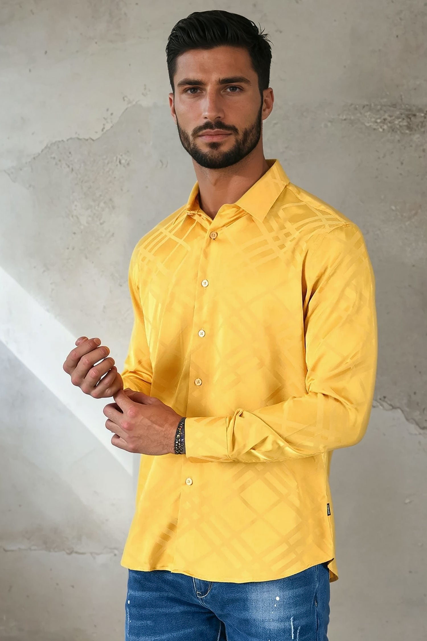 Barabas Men's Textured Diamond Geometric button down dress shirts B319 Yellow