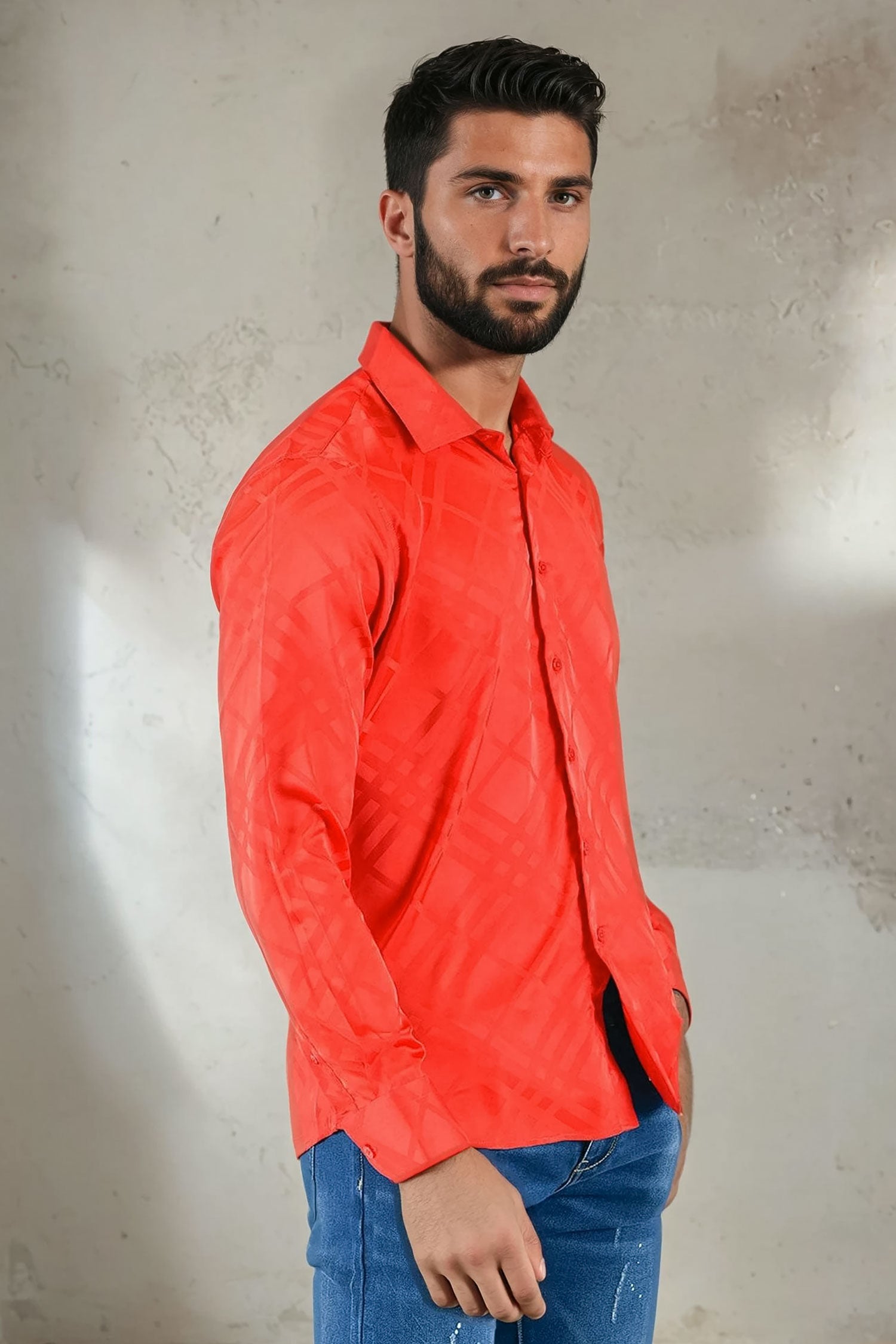 Barabas Men's Textured Diamond Geometric button down dress shirts B319 Red