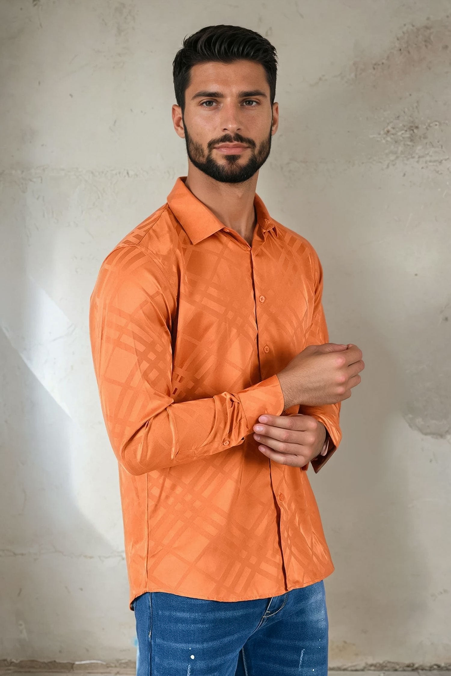 Barabas Men's Textured Diamond Geometric button down dress shirts B319 Rust