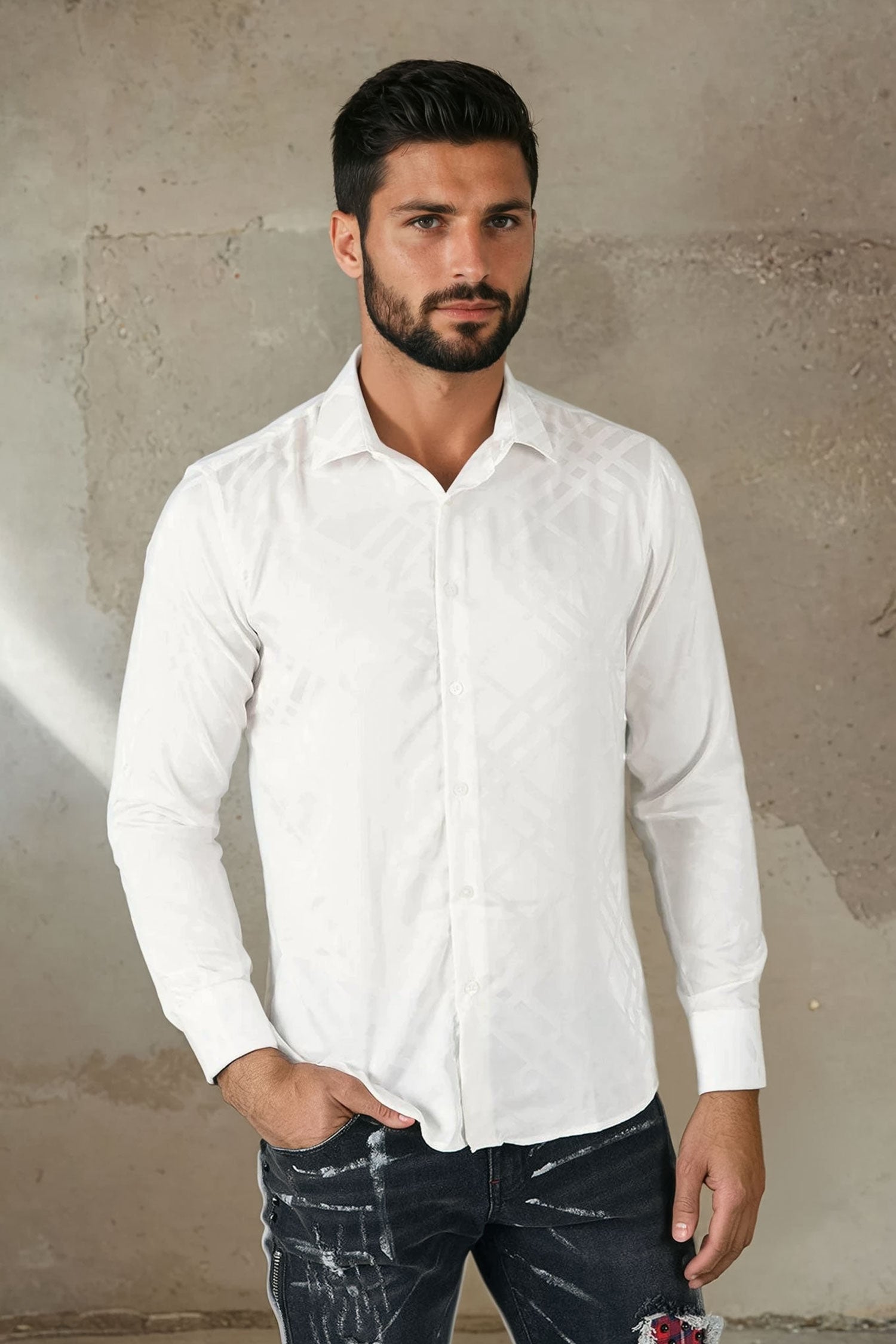 Barabas Men's Textured Diamond Geometric button down dress shirts B319 White