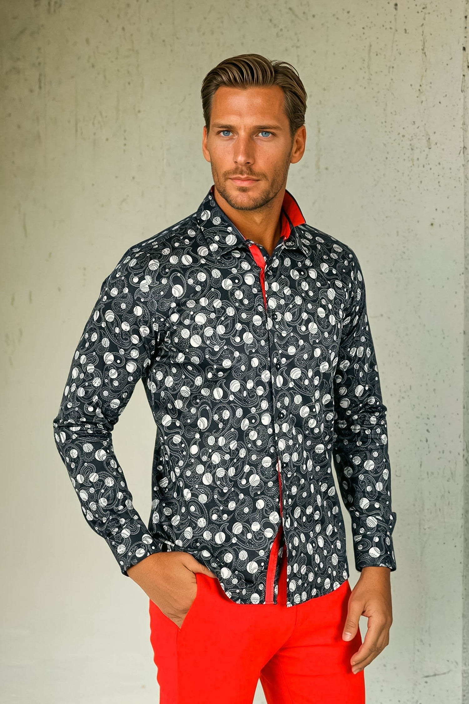 BARABAS men's floral paisley polka dotted printed shirts B339 Black and White