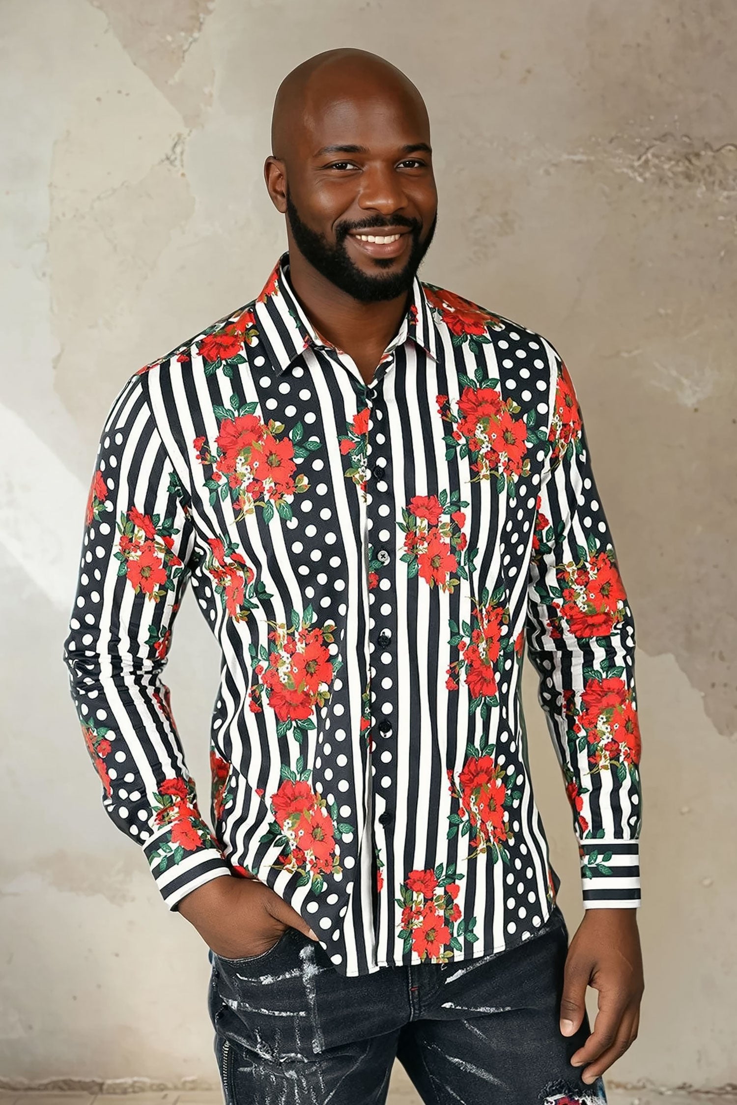 BARABAS Men's Floral Polka Dotted Pattern Button Down Shirts B351 Black