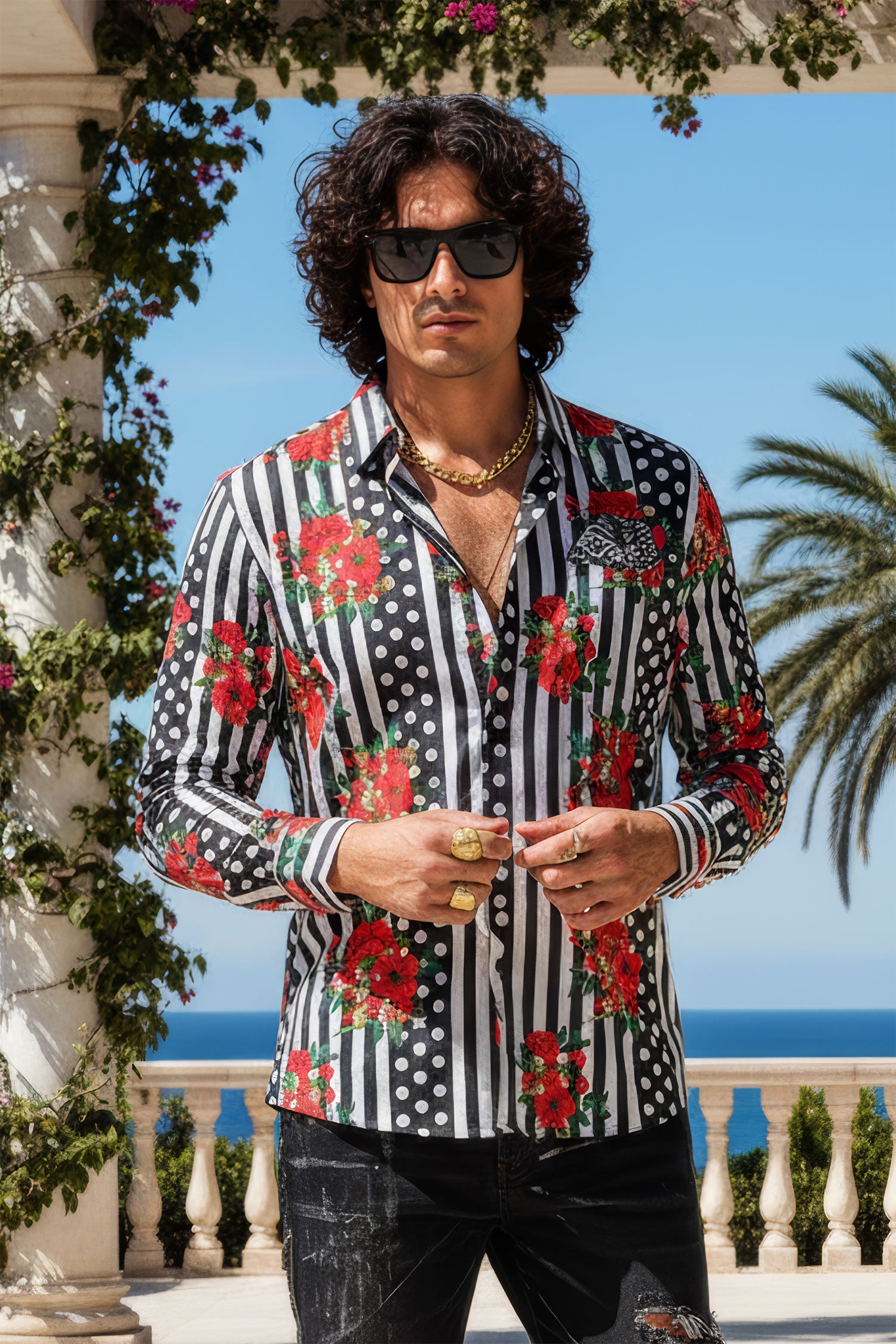 BARABAS Men's Floral Polka Dotted Pattern Button Down Shirts B351 Black