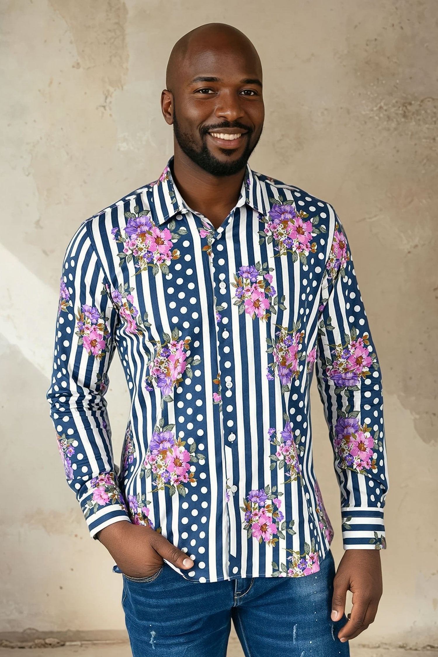 BARABAS Men's Floral Polka Dotted Pattern Button Down Shirts B351 Navy
