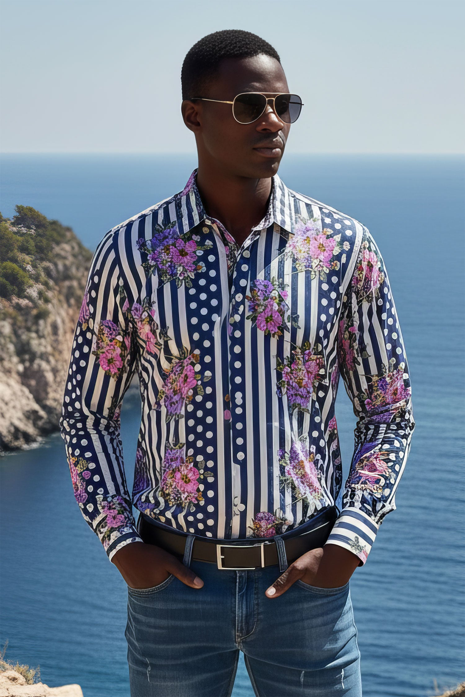 BARABAS Men's Floral Polka Dotted Pattern Button Down Shirts B351 Navy