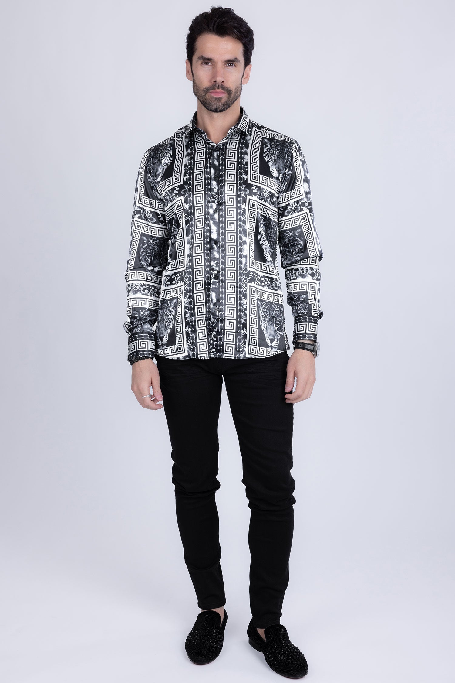 BARABAS Men's Wild Greek Pattern Button Down Long Sleeve Shirts B352 Black