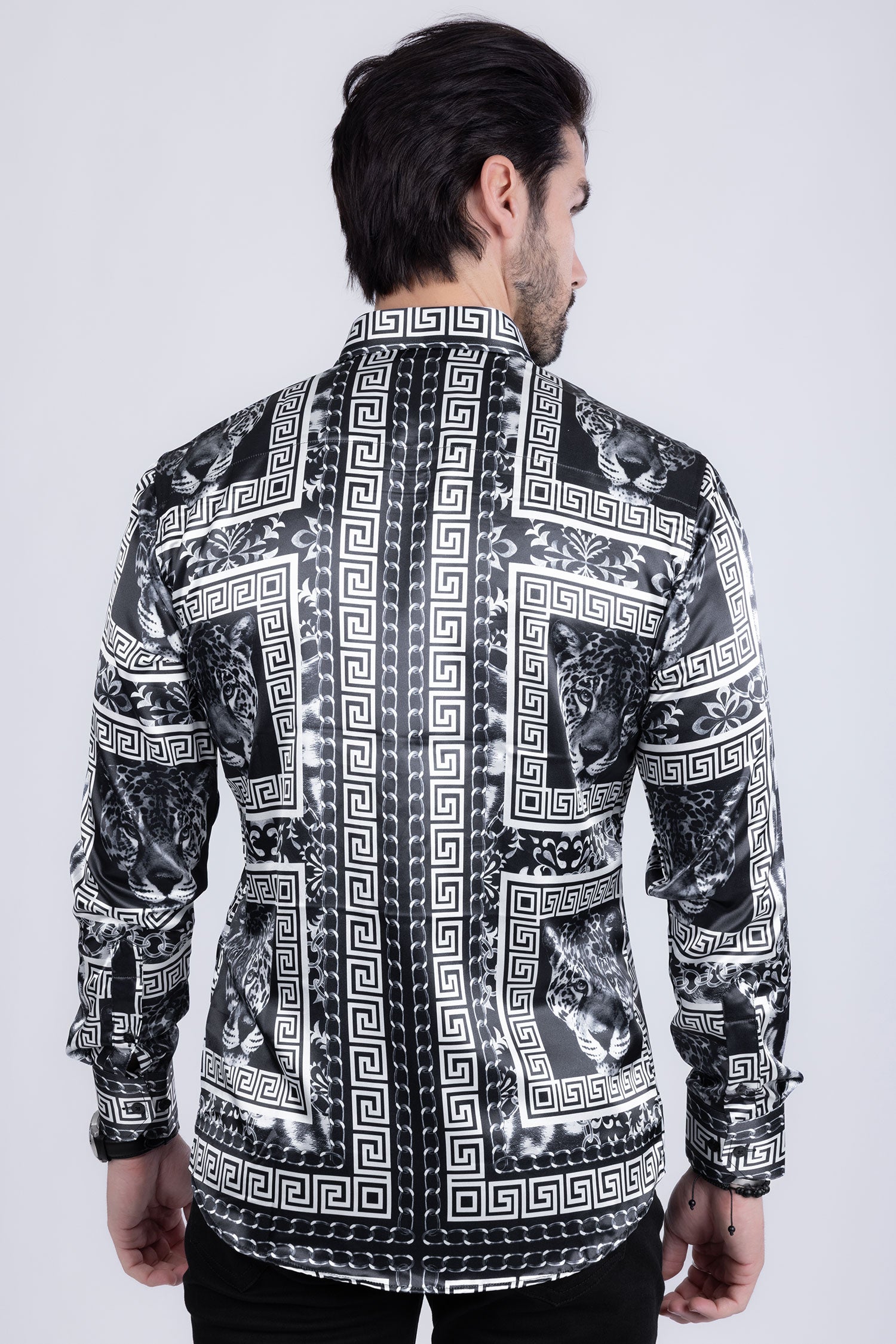 BARABAS Men's Wild Greek Pattern Button Down Long Sleeve Shirts B352 Black