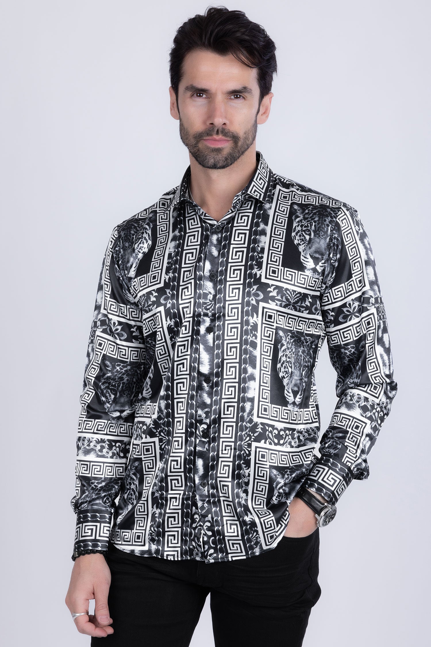 BARABAS Men's Wild Greek Pattern Button Down Long Sleeve Shirts B352 Black