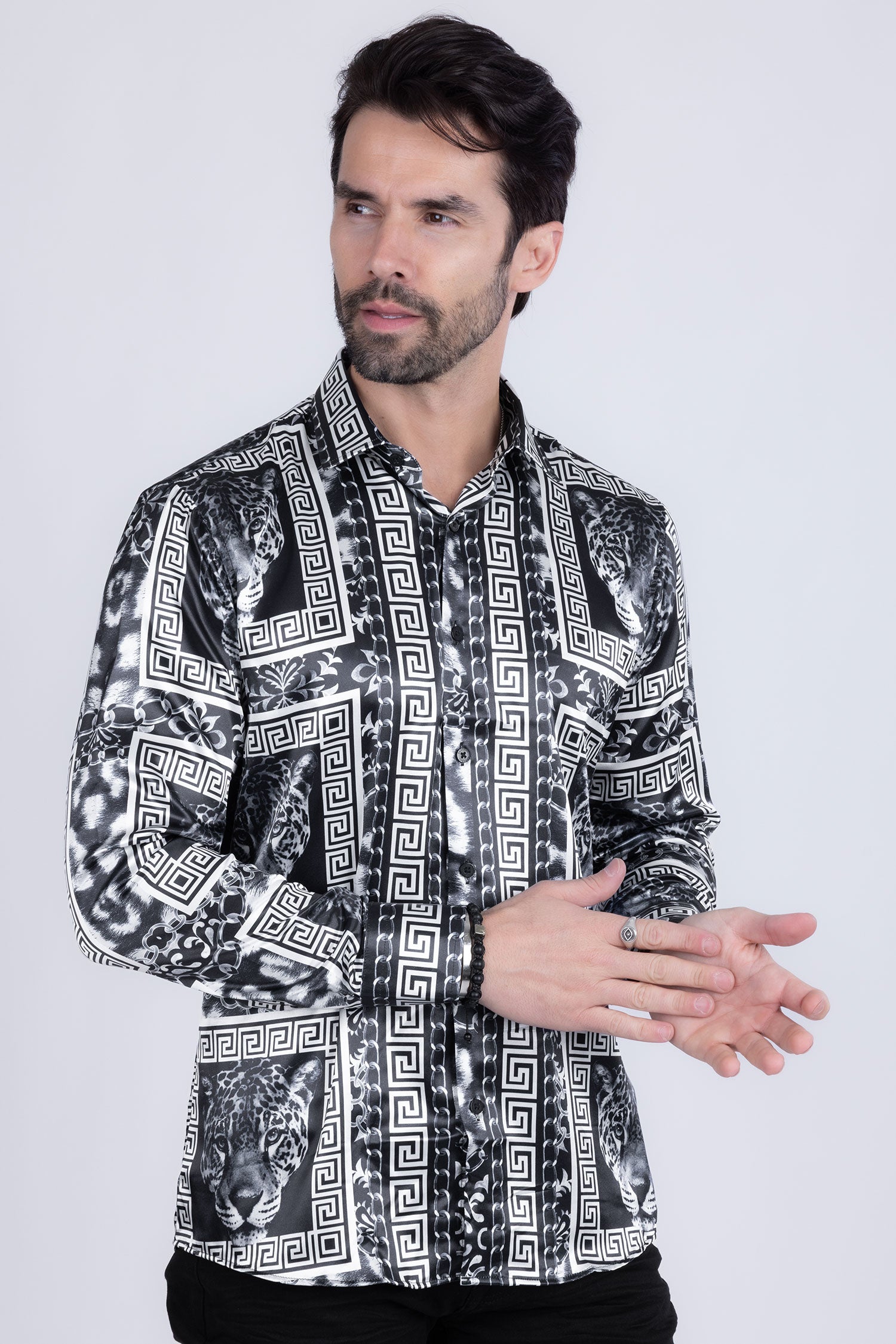 BARABAS Men's Wild Greek Pattern Button Down Long Sleeve Shirts B352 Black