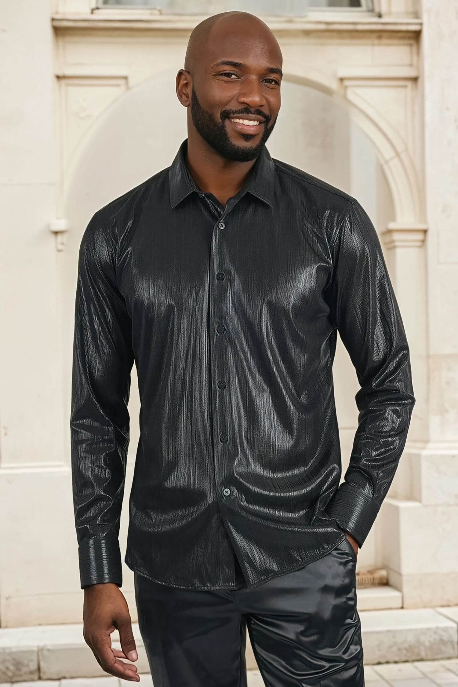 BARABAS Men's Premium Shinny Solid Color Button Down Dress Shirts B46 Black