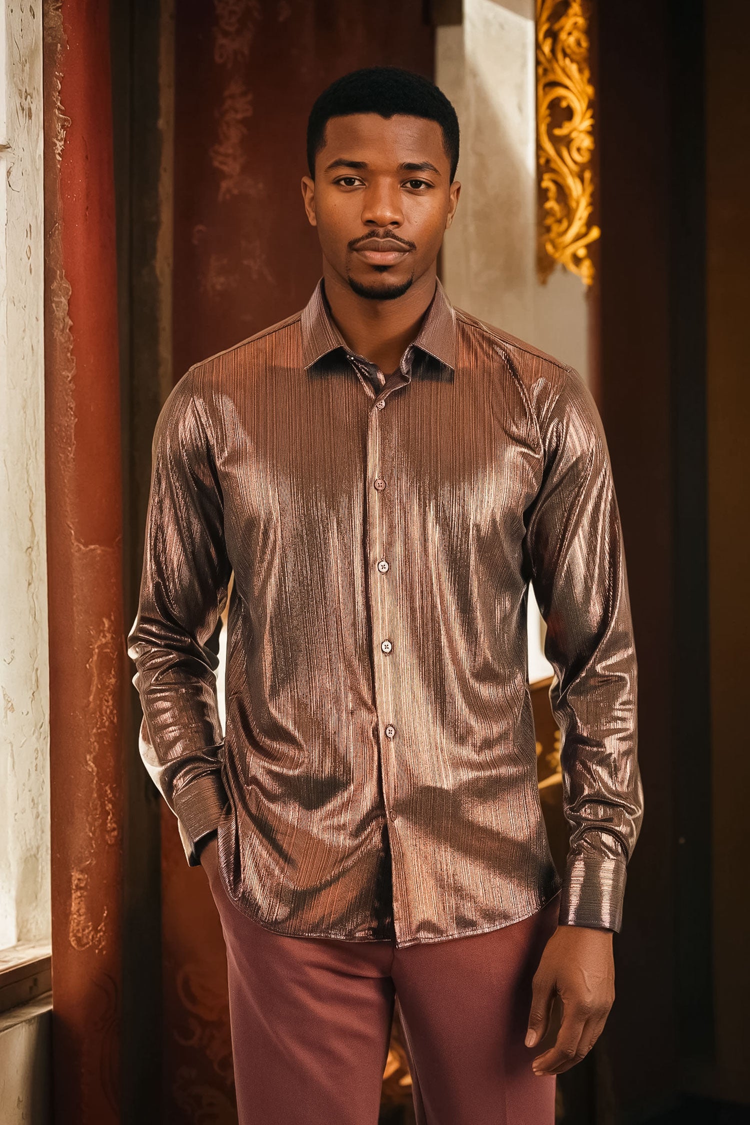 BARABAS Men's Premium Shinny Solid Color Button Down Dress Shirts B46 Bronze