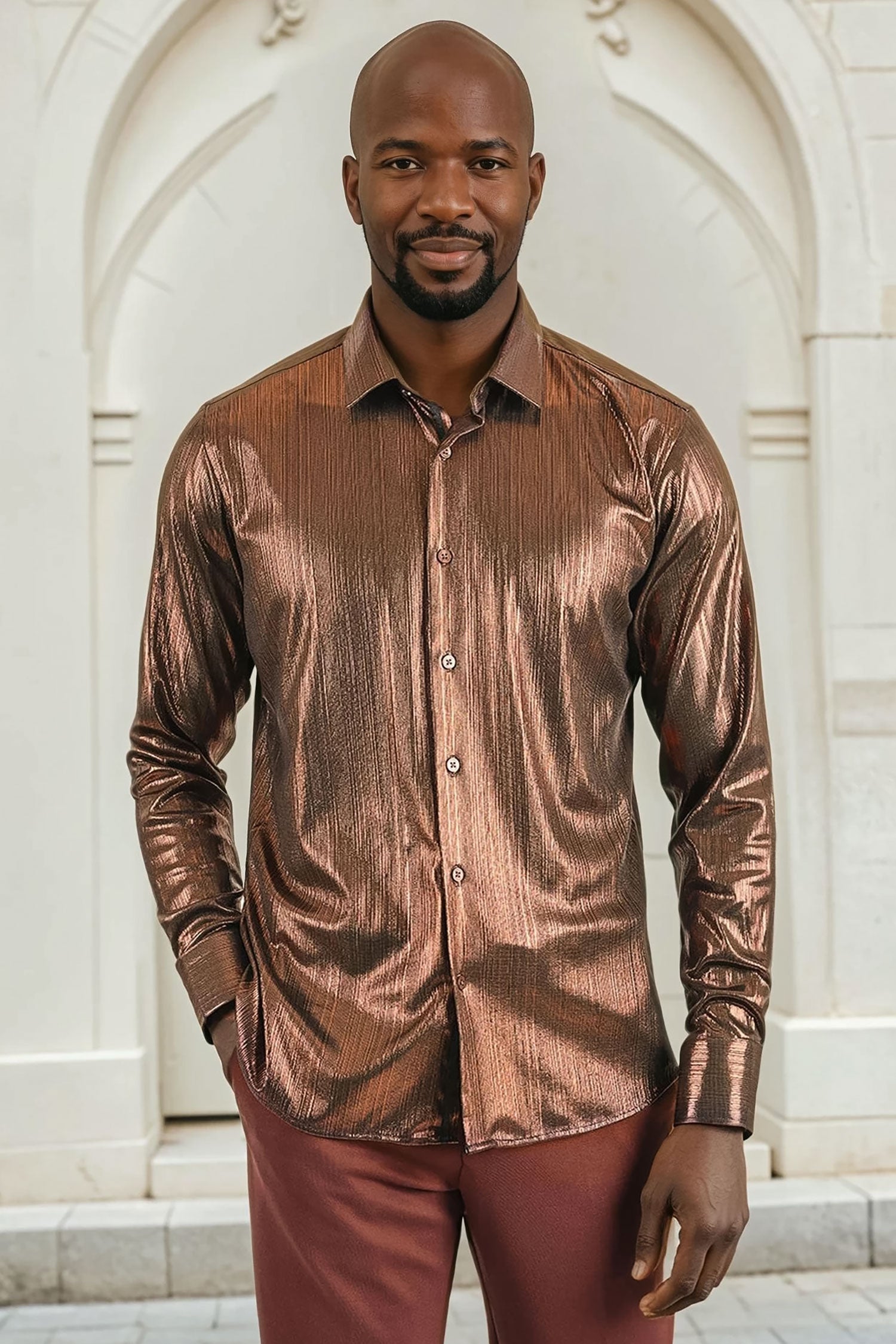 BARABAS Men's Premium Shinny Solid Color Button Down Dress Shirts B46 Bronze