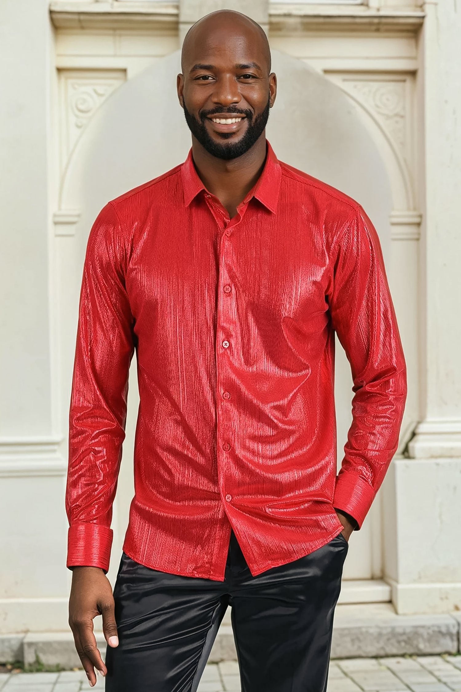 BARABAS Men's Premium Shinny Solid Color Button Down Dress Shirts B46 Red