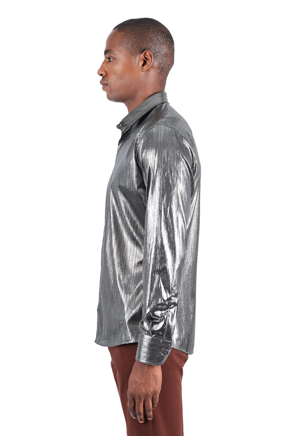 BARABAS Men's Premium Shinny Solid Color Button Down Dress Shirts B46 Silver