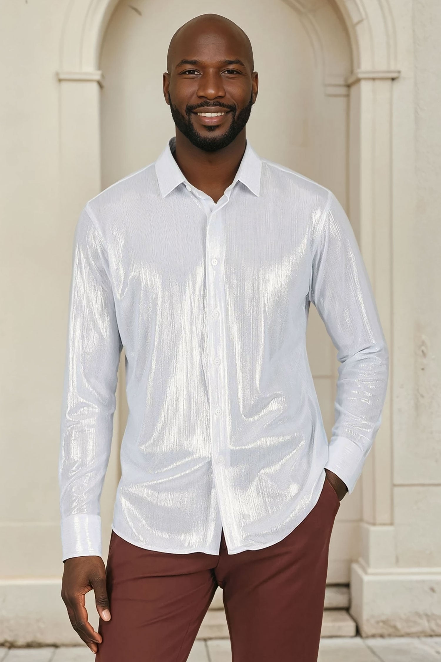 BARABAS Men's Premium Shinny Solid Color Button Down Dress Shirts B46 White