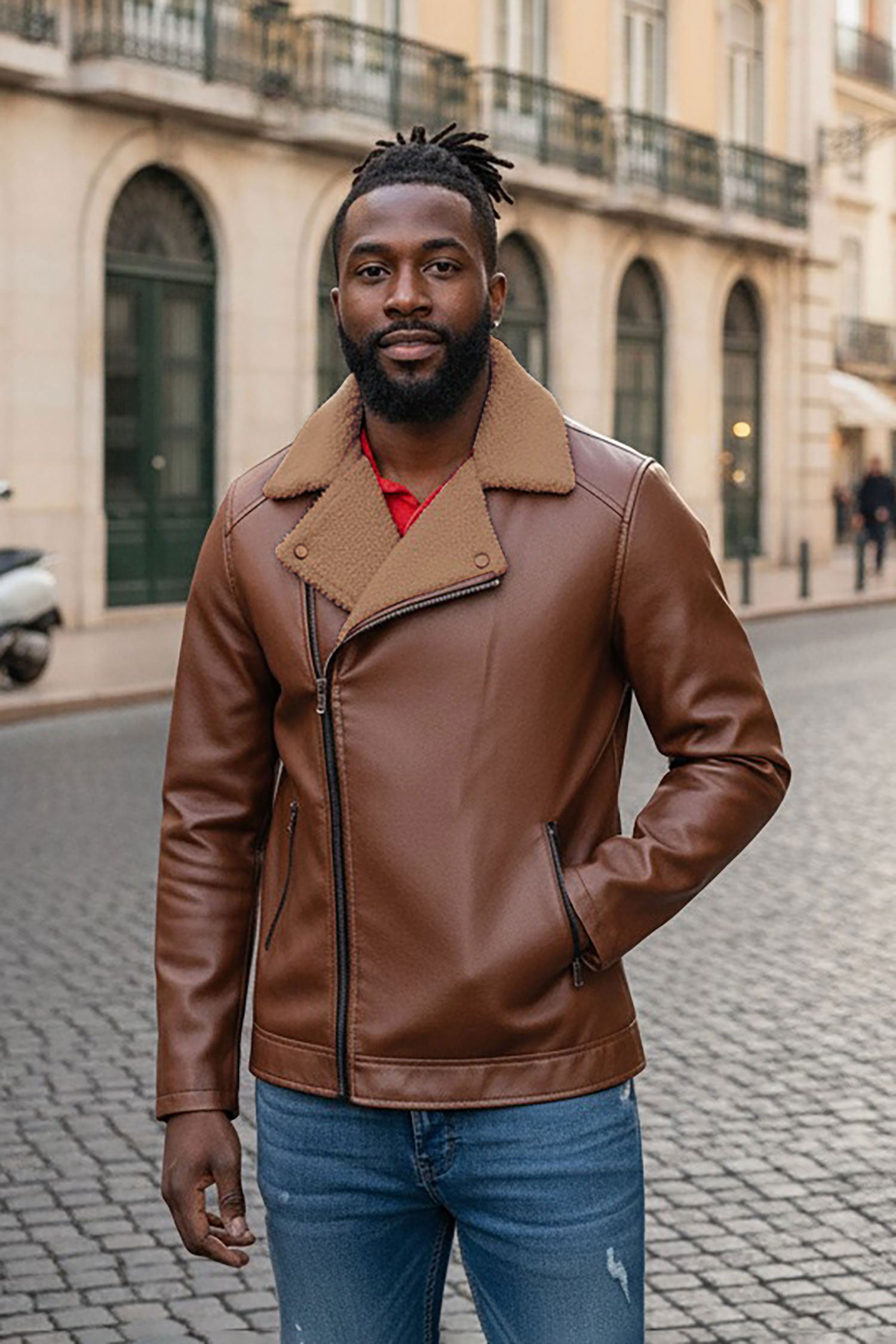 BARABAS Men's Faux Leather Fur Collar Bomber Jacket Bh68 Brown Camel
