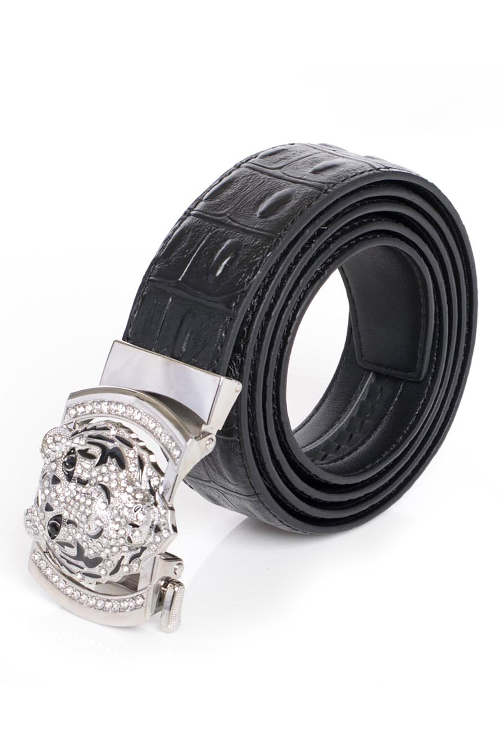 Barabas Men's Rhinestone Tiger Black Gold Buckle Leather Belt BK11