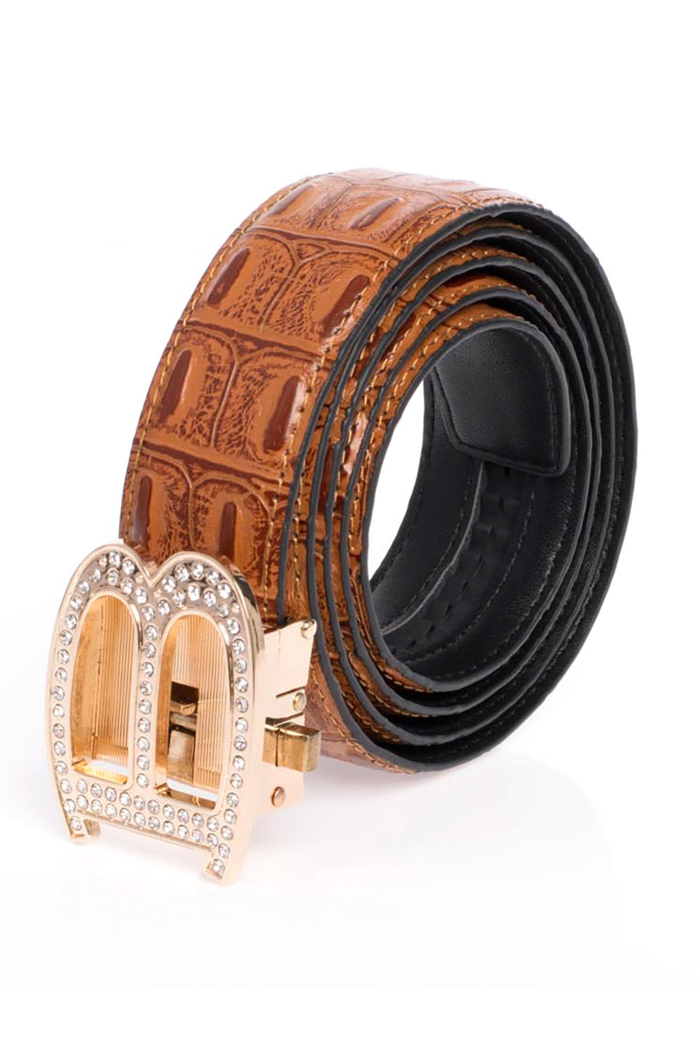 Barabas Men's Rhinestone B Letter Gold Buckle Leather Belt BK810