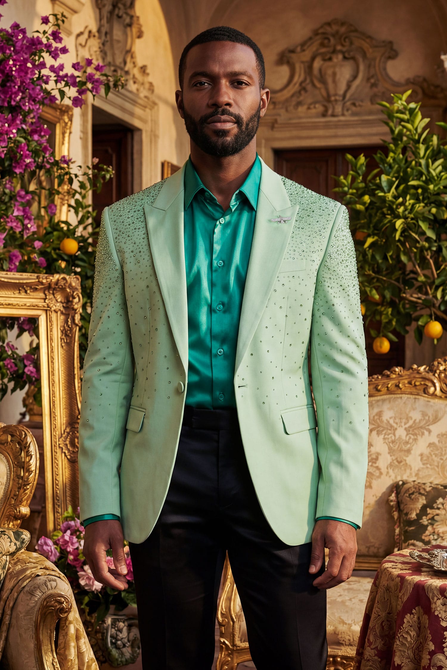 Barabas Men's Rhinestone Solid Color Notch Lapel Blazer 2BLR6 Mint Green