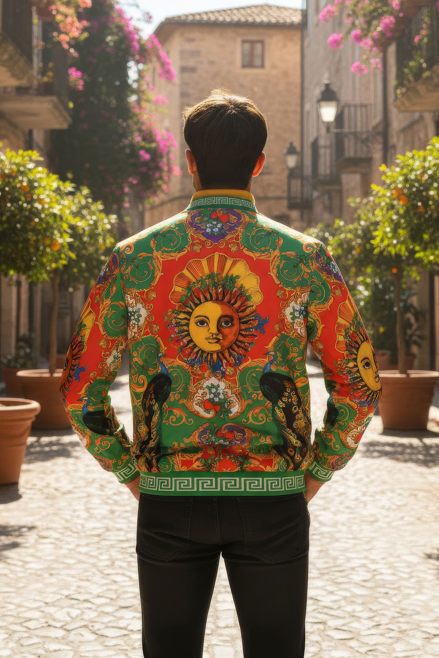 BARABAS Men's Sun Floral Print Greek key pattern Bomber Jacket BP20 Green