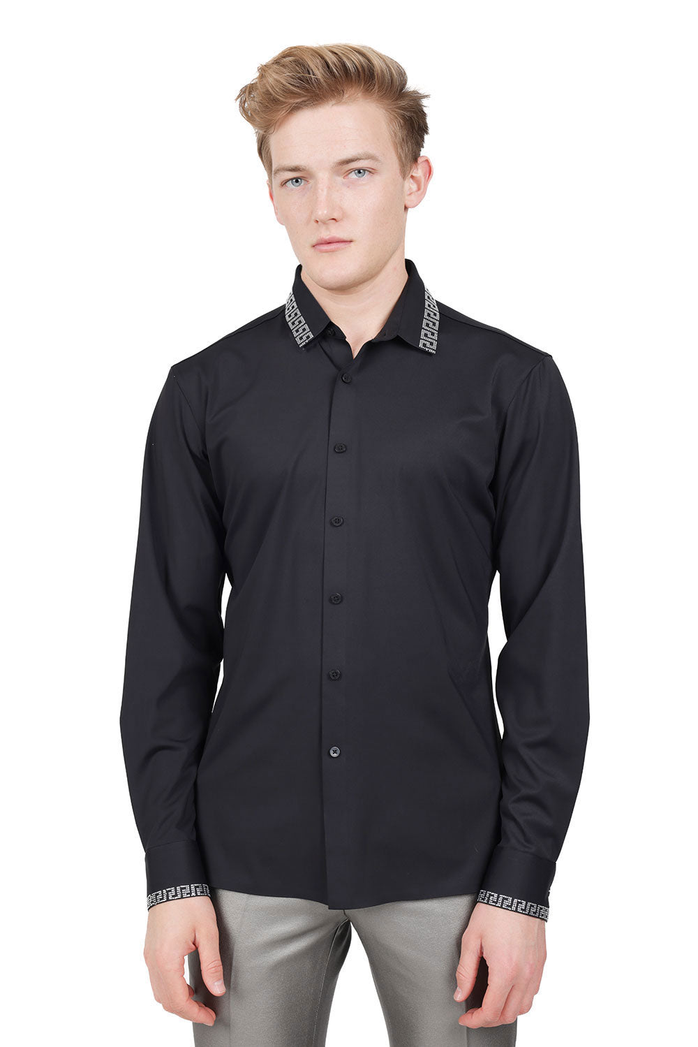 Barabas Men's Rhinestone Greek key Pattern Long Sleeves Shirts BR100 Black Silver
