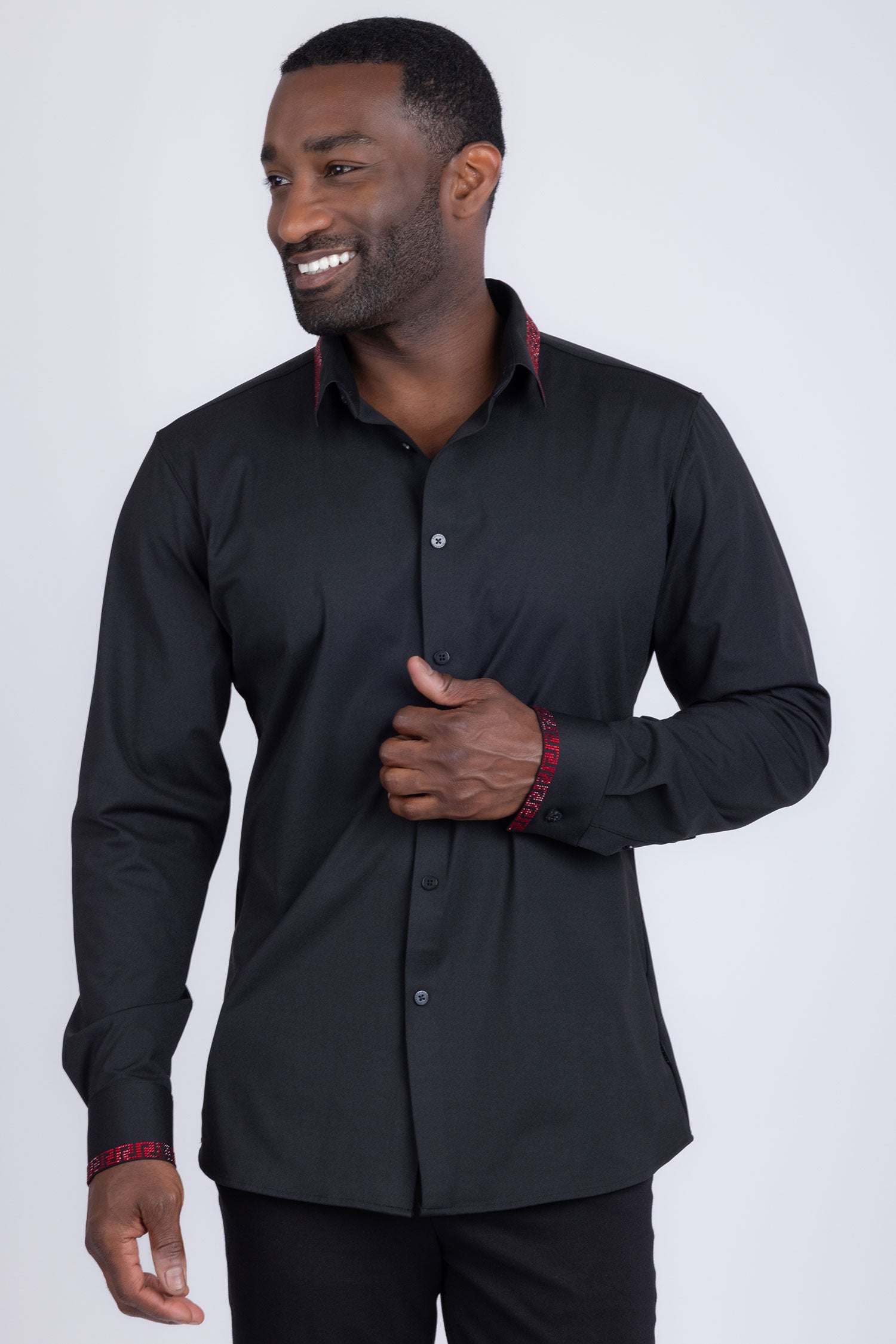 Barabas Men's Rhinestone Greek key Pattern Long Sleeves Shirts BR100 Black Red