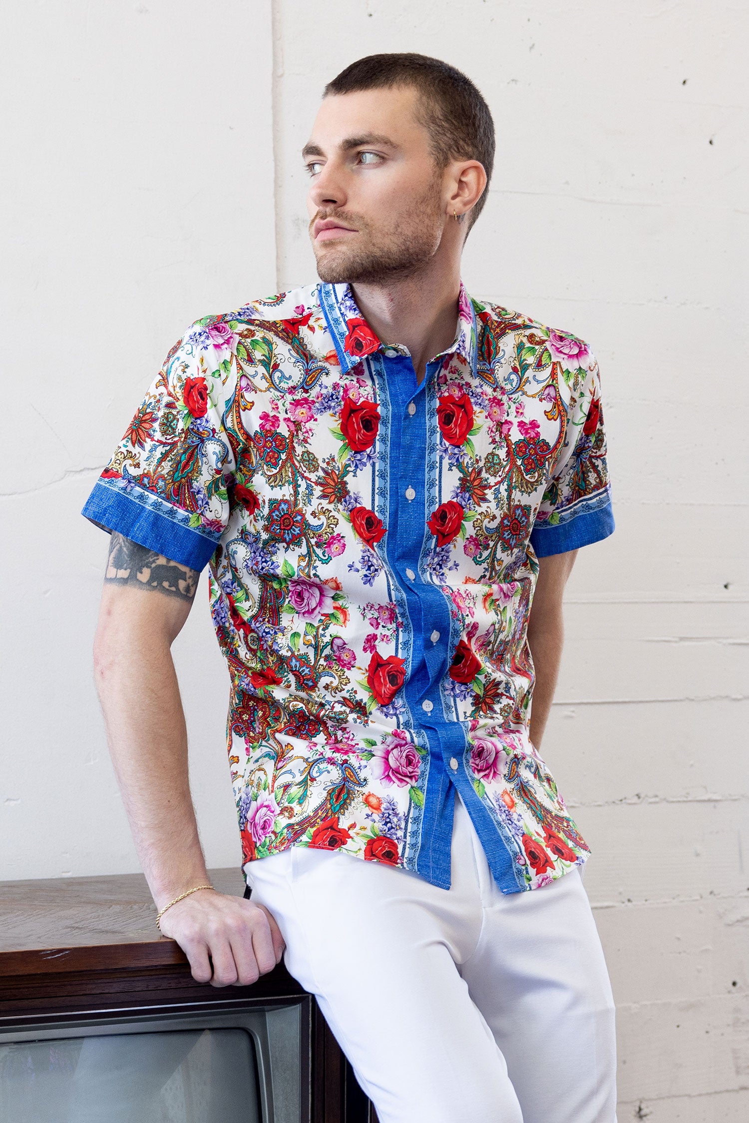 BARABAS Men's roses paisley graphic short sleeve shirt SS07 white
