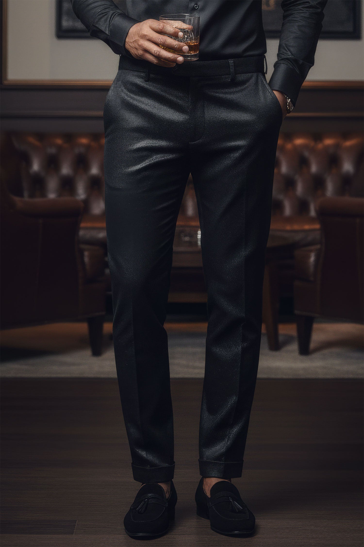 arabas Men's Shiny Leather Nylon Stretch Slim Fit Pants CP015 Black