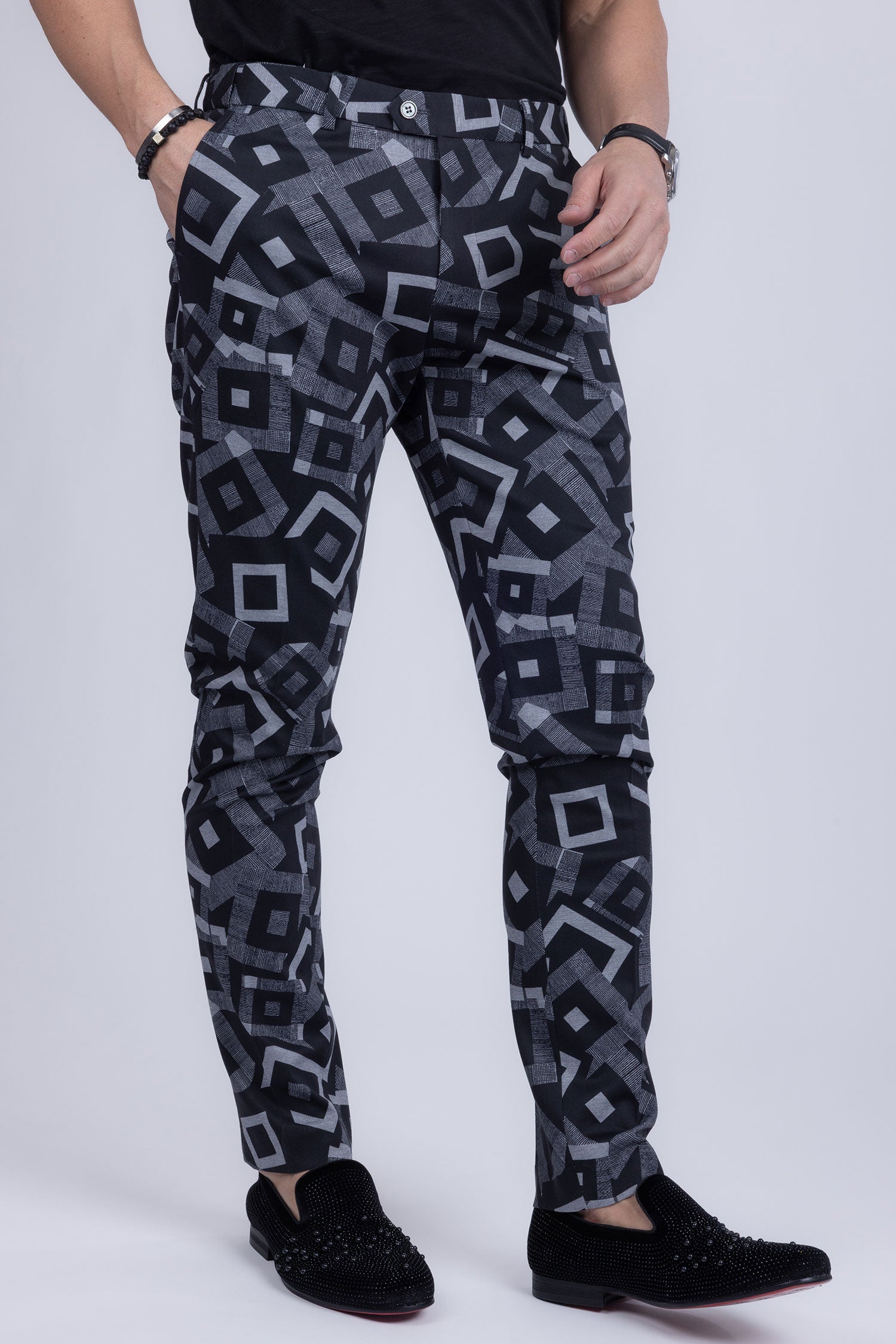 BARABAS men's cube prints checkered plaid navy black chino pants CP148 Black