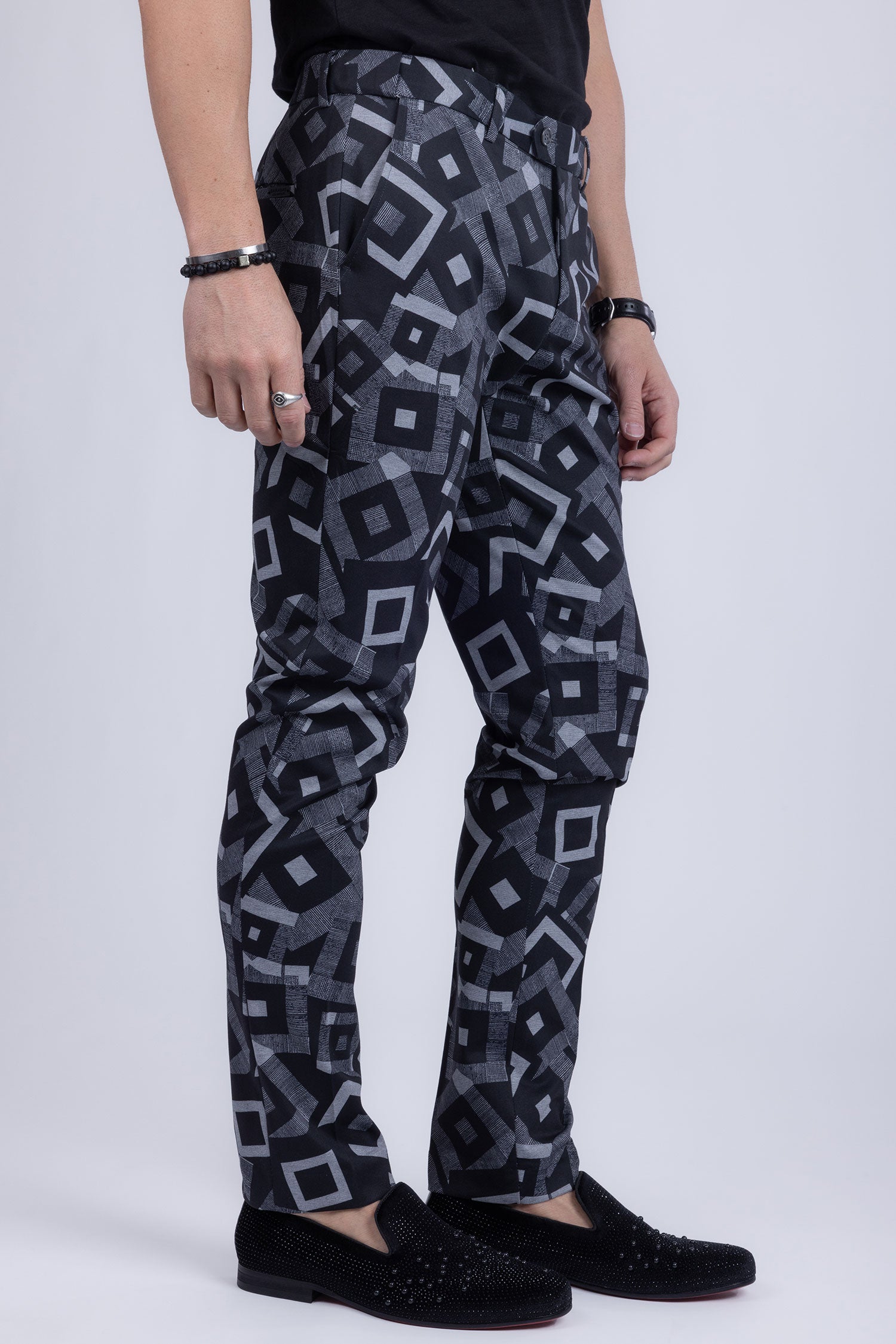 BARABAS men's cube prints checkered plaid navy black chino pants CP148 Black