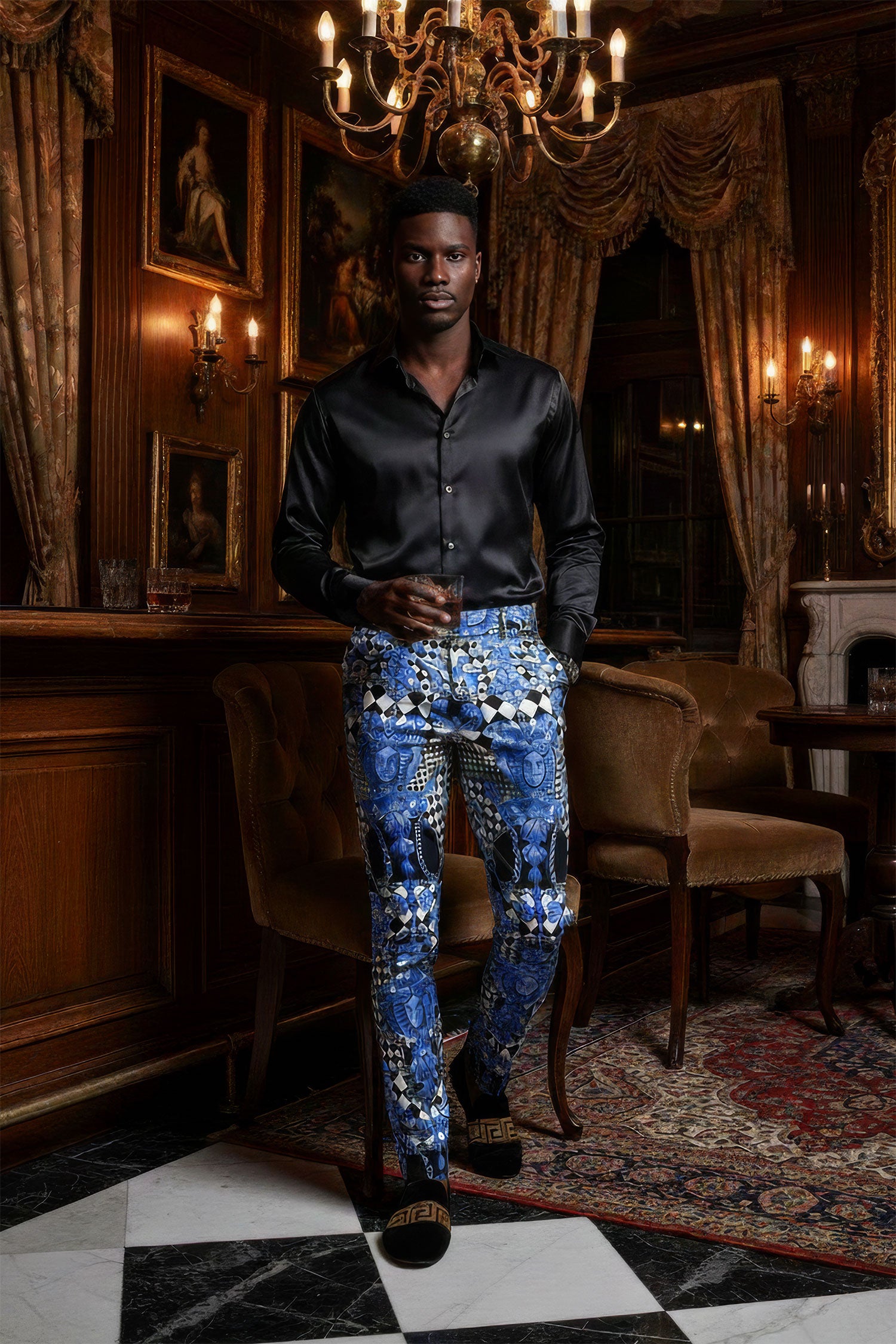 BARABAS Men's Printed Gold Chain Checkered Medusa Floral Pants CP178 Navy