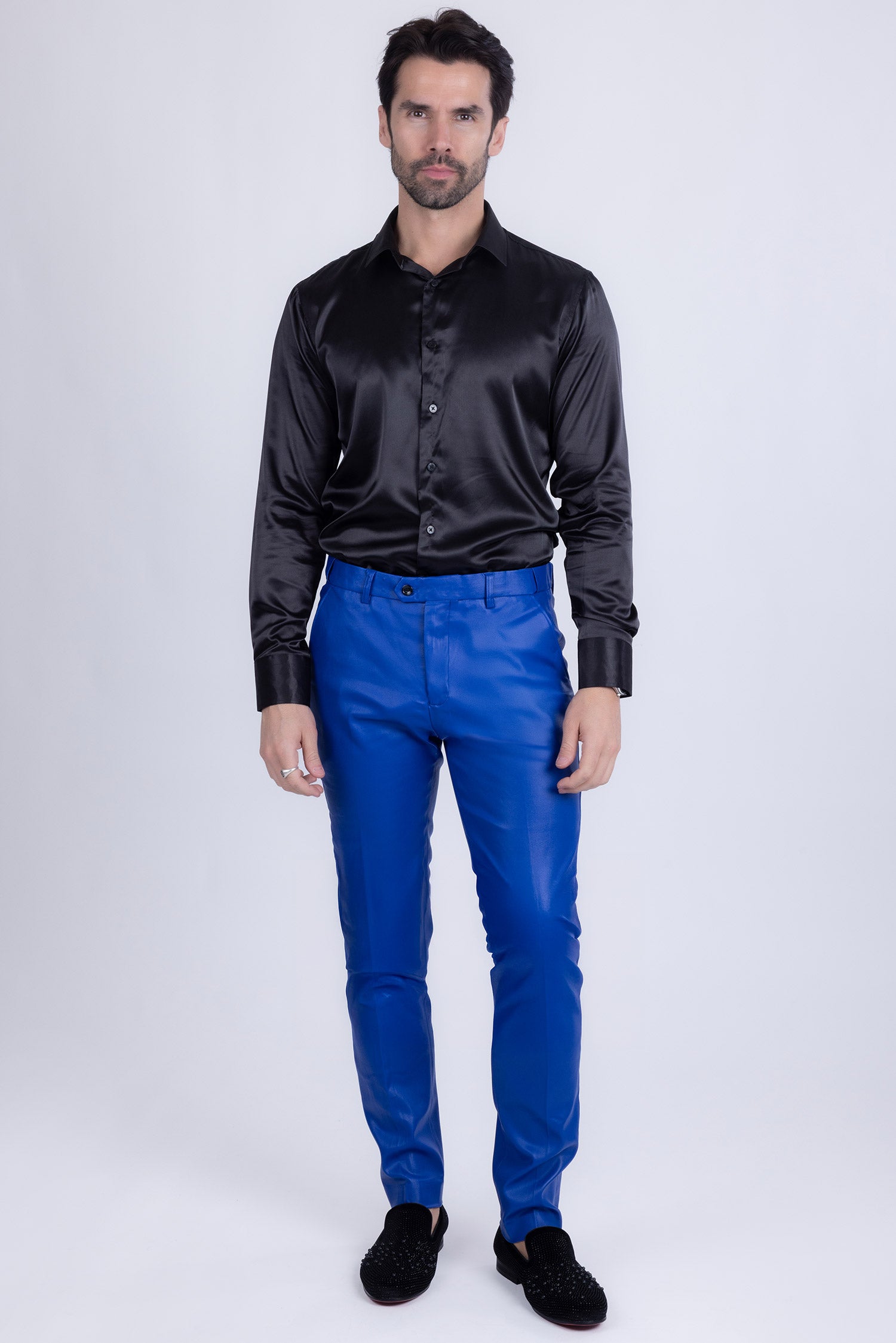Barabas Men's Glossy Pattern Design Sparkly Luxury Dress Pants CP95 Blue