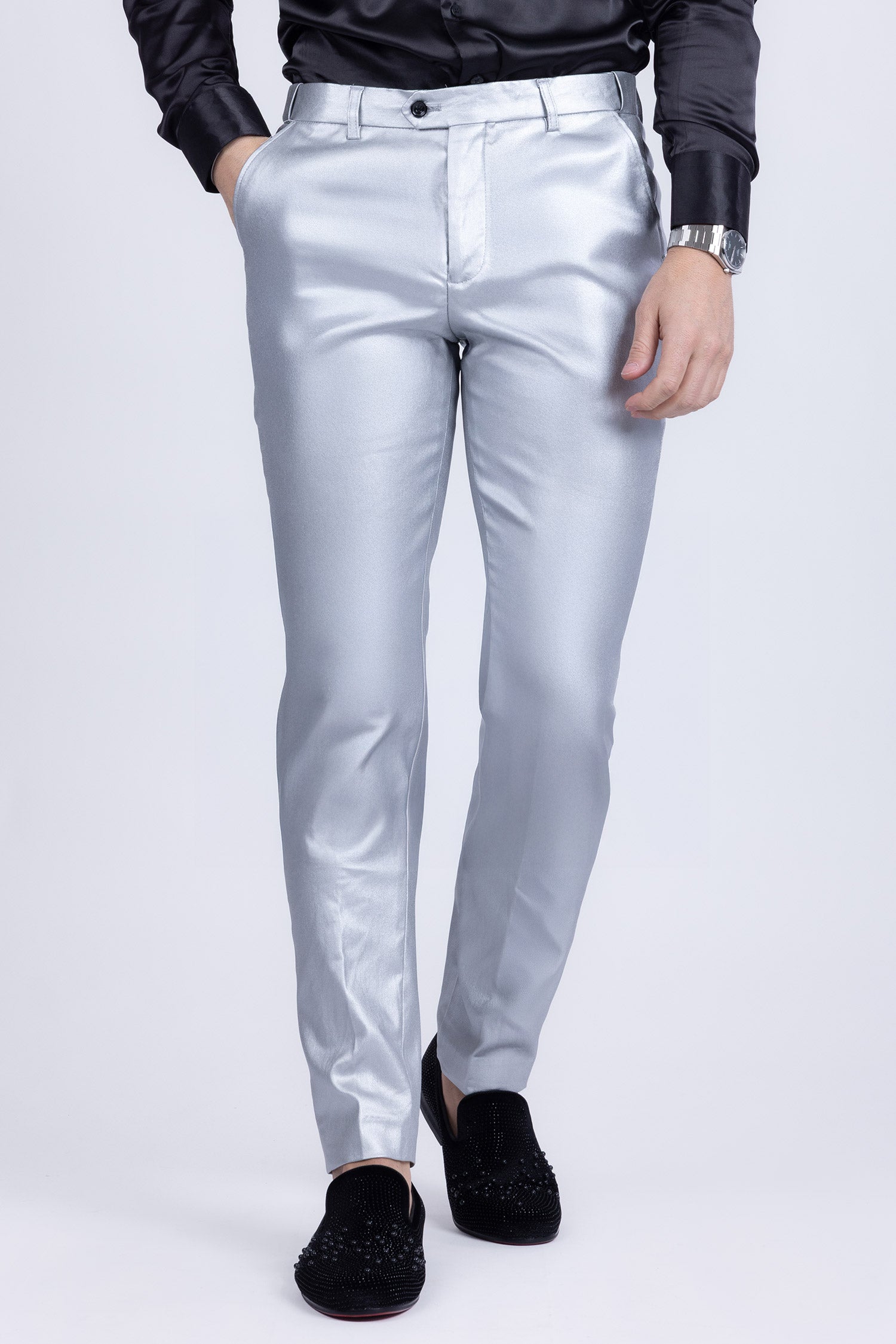 Barabas Men's Glossy Pattern Design Sparkly Luxury Dress Pants CP95 Silver