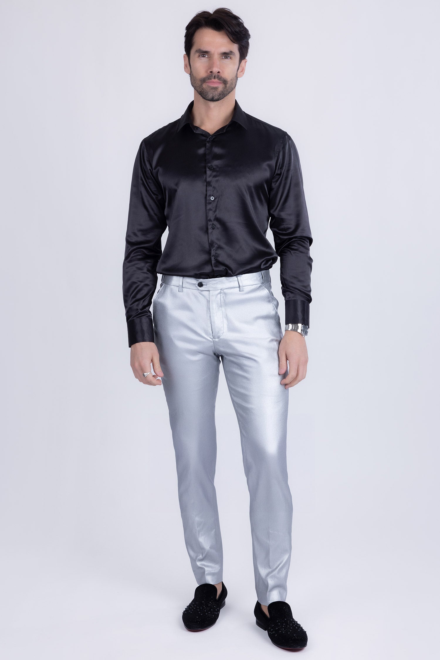 Barabas Men's Glossy Pattern Design Sparkly Luxury Dress Pants CP95 Silver