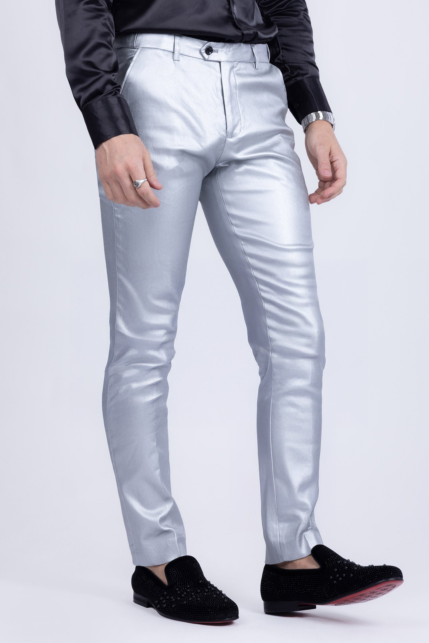 Barabas Men's Glossy Pattern Design Sparkly Luxury Dress Pants CP95 Silver