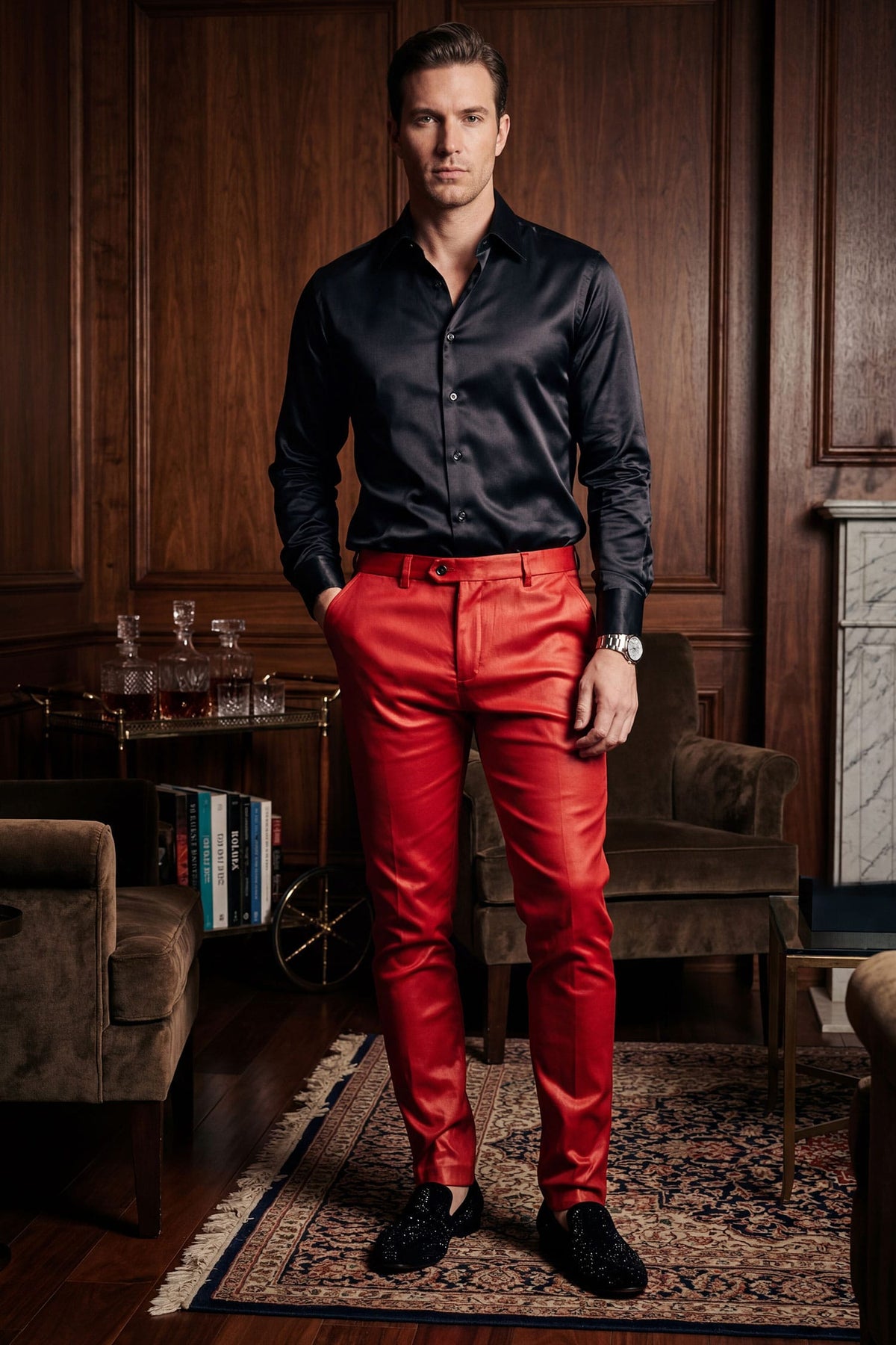 Barabas Men's Glossy Pattern Design Sparkly Luxury Dress Pants CP95 Red